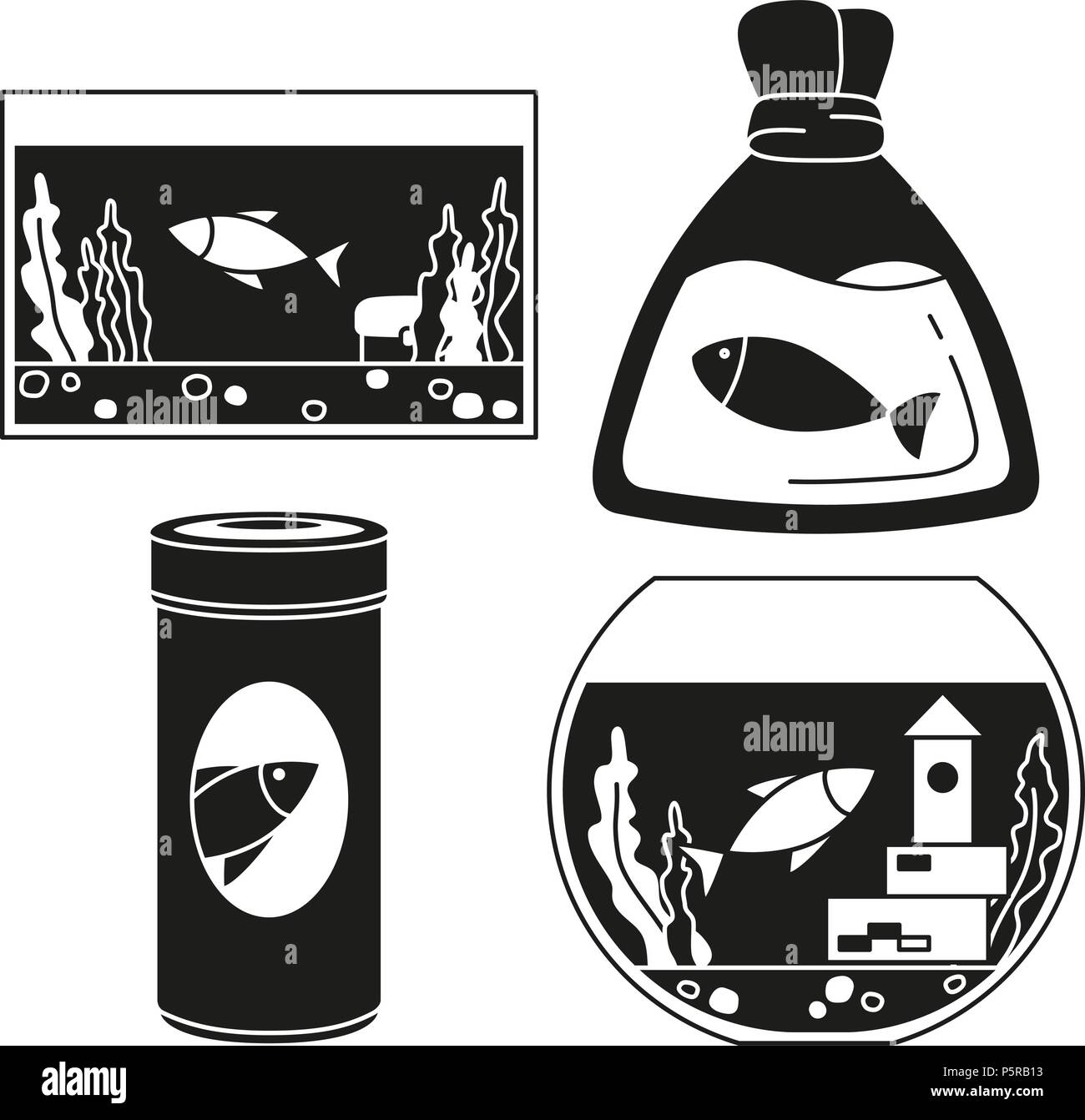 Black and white fish elements silhouette set Stock Vector
