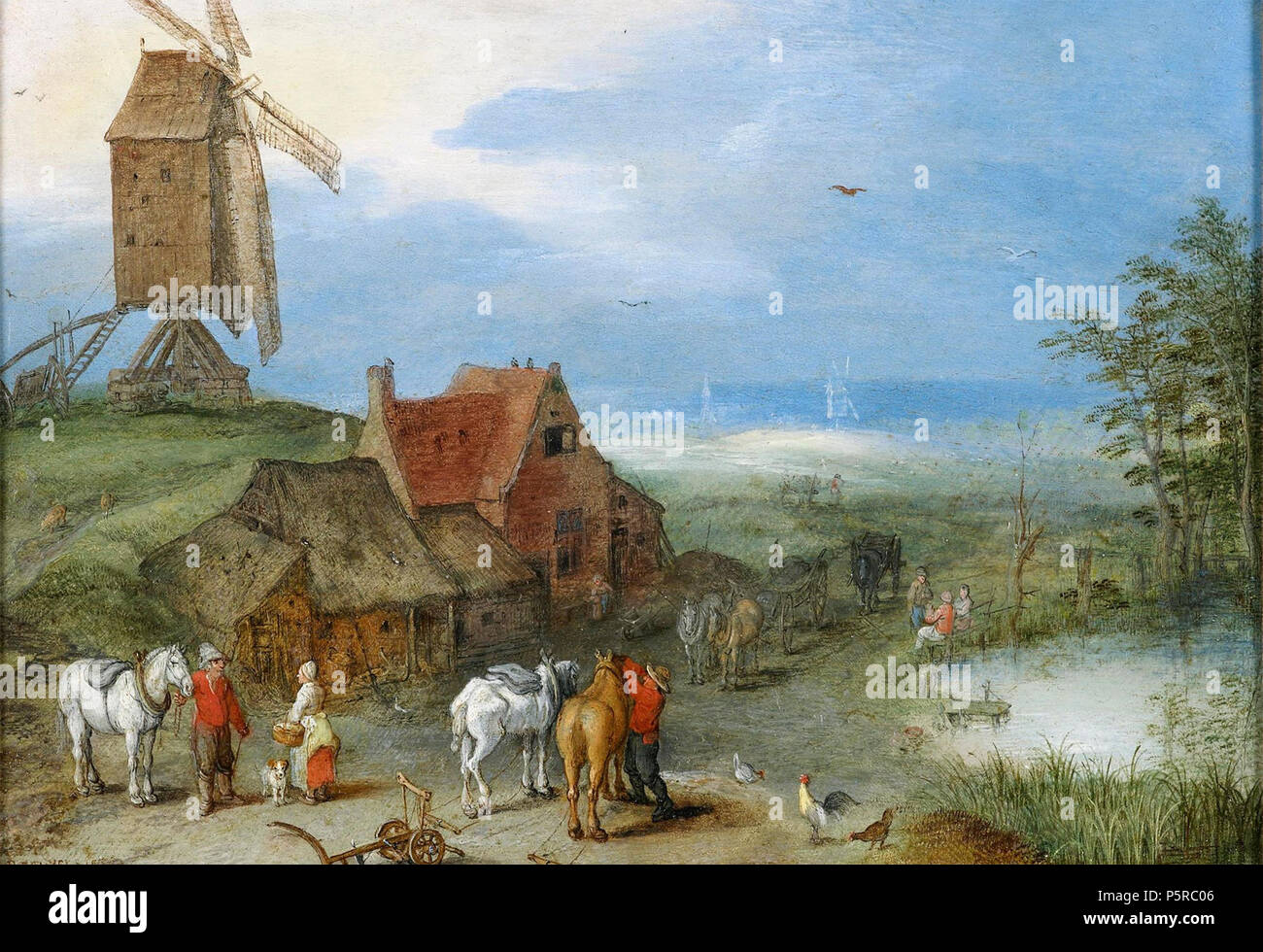 N/A. English: Landscape with a Windmill, Figures and Horses by a Farmstead by Jan Brueghel the Elder, 1606, oil on copper, 4 5/8 x 6 5/8 in. (11.8 x 16.7 cm.) . 1606. Jan Brueghel the Elder 243 Landscape with a Windmill, Figures and Horses by a Farmstead by Jan Brueghel the Elder Stock Photo
