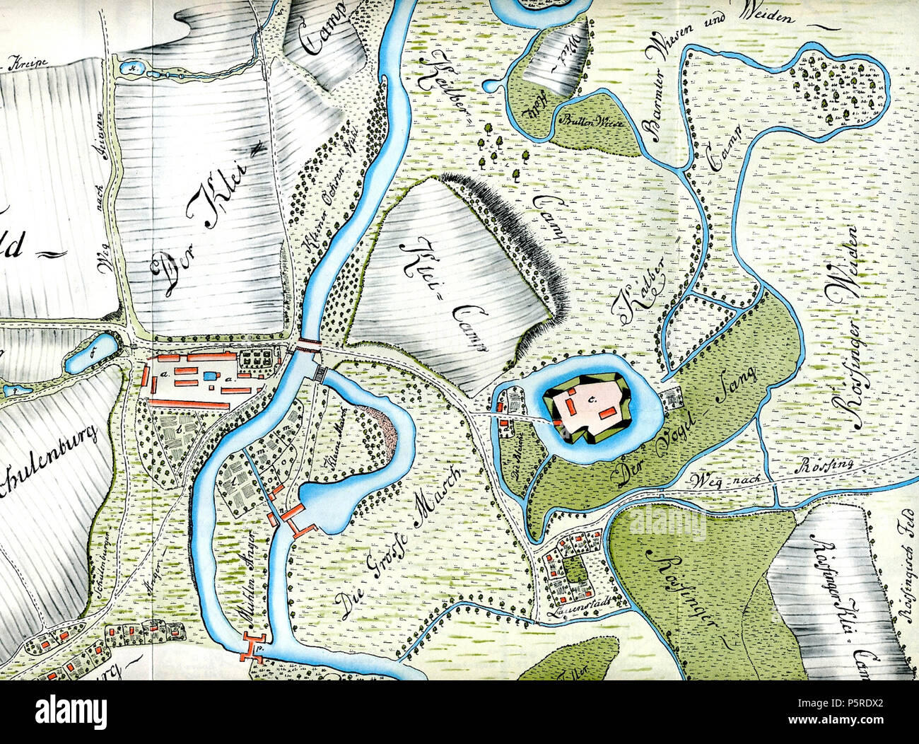 N/A. English: en: A 1771 map showing Calenberg, Lauenstadt and Schulenburg in the borough of Pattensen, Lower Saxony, Germany. The map is not north-oriented. Key: a. The Amt of Hof zu Calenberg; b. Kitchen and arboretum; c. Old castle of Calenberg; d. Licent–Bedienten accommodation; e. Deputat–Bedienten accommodation; f. Oehlmühle millpond; g. Little Pond; k. Posen Pond; l. The hop garden; m. Deputat garden; n. The mill; o. Garden; p. Water overshoot; q. The wells by the ponds Deutsch: Ausschnitt einer historischen Karte aus dem Jahr 1771 mit den Berg Calenberg, Alt Calenberg, Lauenstadt und S Stock Photo