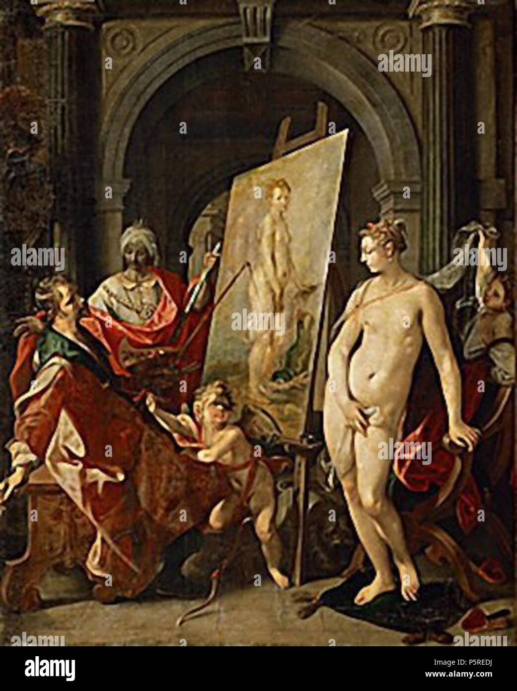 N/A.  English: Apelles paints Campaspe, painted by Joos van Winghe for the emperor Rudolph II. 210 x 175 cm Signed « IODOCVS.A.WINGHE » Kunsthistorisches Museum, Vienna, n° inv 1686 . circa 1600.    Joos van Winghe  (1544–1603)     Alternative names Jodocus van Wingen, Joos van Wingen, Josse van Wingen, Jost van Wingen, Jodocus van Winghe, Josse van Winghe, Jost van Winghe, Jodocus van Winghen, Joos van Winghen, Josse van Winghen, Jost van Winghen, Iodocus Wingius  Description Flemish-German painter and draughtsman  Date of birth/death 1544 18 December 1603  Location of birth/death Brussels Fr Stock Photo