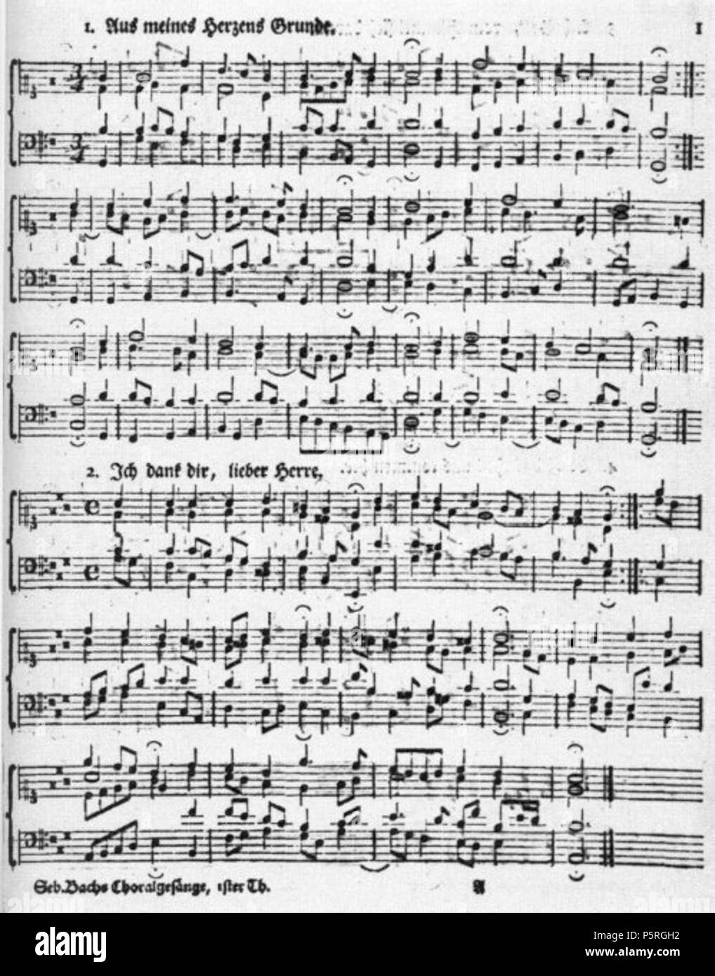 N/A. English: VIERSTIMMIGE CHORGESÄNGE - Breitkopf 1784: No. 1 'Aus meines Herzens Grunde' (= BWV 269) and No. 2 'Ich dank' dir, lieber Herre' (= BWV 347) : 4 . 1784. Breitkopf 233 Breitkopf 1784 Stock Photo
