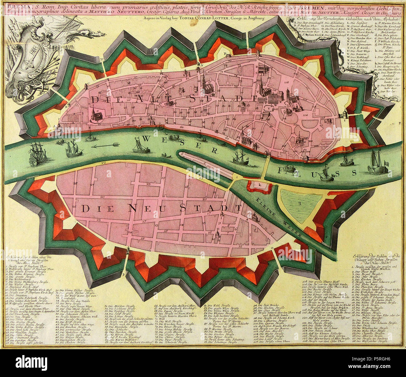 N/A. Map of Bremen, showing only the area inside the remparts . 1755, upload 2015-01-24. drawn by Matthäus Seutter, printed by Tobias Conrad Lotter in Nürnberg, upload Ulamm (talk) 233 Brema Seutter 1755 Stock Photo