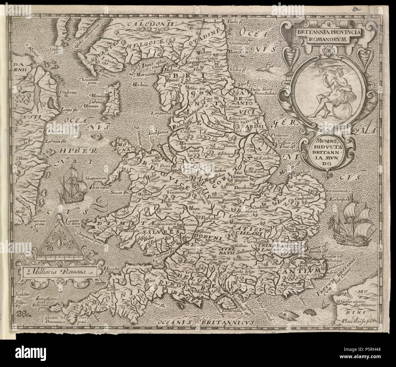 N/A. English: 'Britannia Provincia Romanorum,' engraved map by the English engraver William Rogers, made for insertion into folio 82 of William Camden's 'Britannia.' The map features a medallion of Britannia seated on a globe. Courtesy of the British Library, London. 1600.   William Rogers  (1545–1604)    Alternative names William i Rogers  Description British engraver  Date of birth/death circa 1545 circa 1604  Work period between circa 1589 and circa 1604  Work location London  Authority control  : Q2580395 VIAF:36779094 ISNI:0000 0000 4888 3843 ULAN:500027008 LCCN:nr92010537 Oxford Dict.:24 Stock Photo