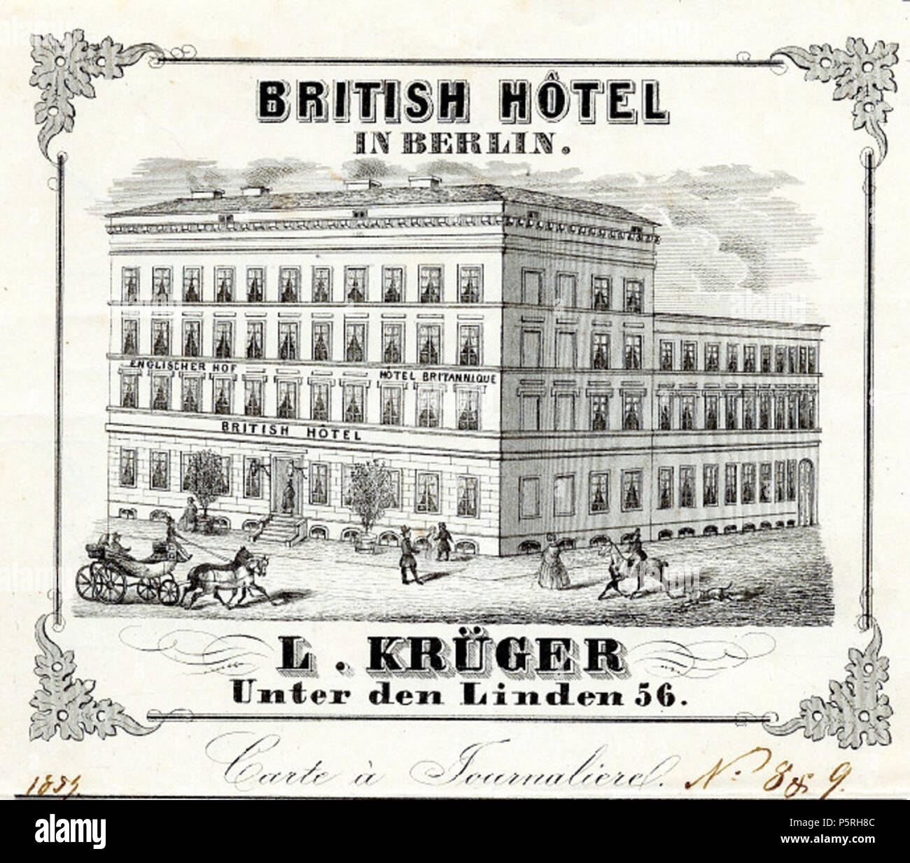 N/A. Deutsch: Bild von der Tageskarte von 1854 des Hotels (Carte a Journalierel) . 1854. Britisch Hotel 236 British Hotel Tageskarte Stock Photo