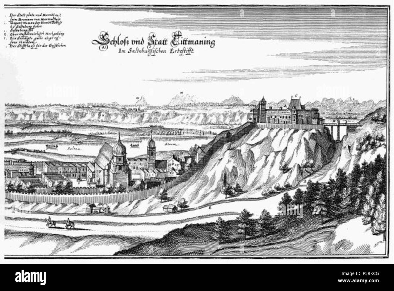 N/A. Deutsch: Burg Tittmoning nach Matthaeus Merian (1656) . 1656. Matthaeus Merian 250 Burg Tittmoning-1 Stock Photo
