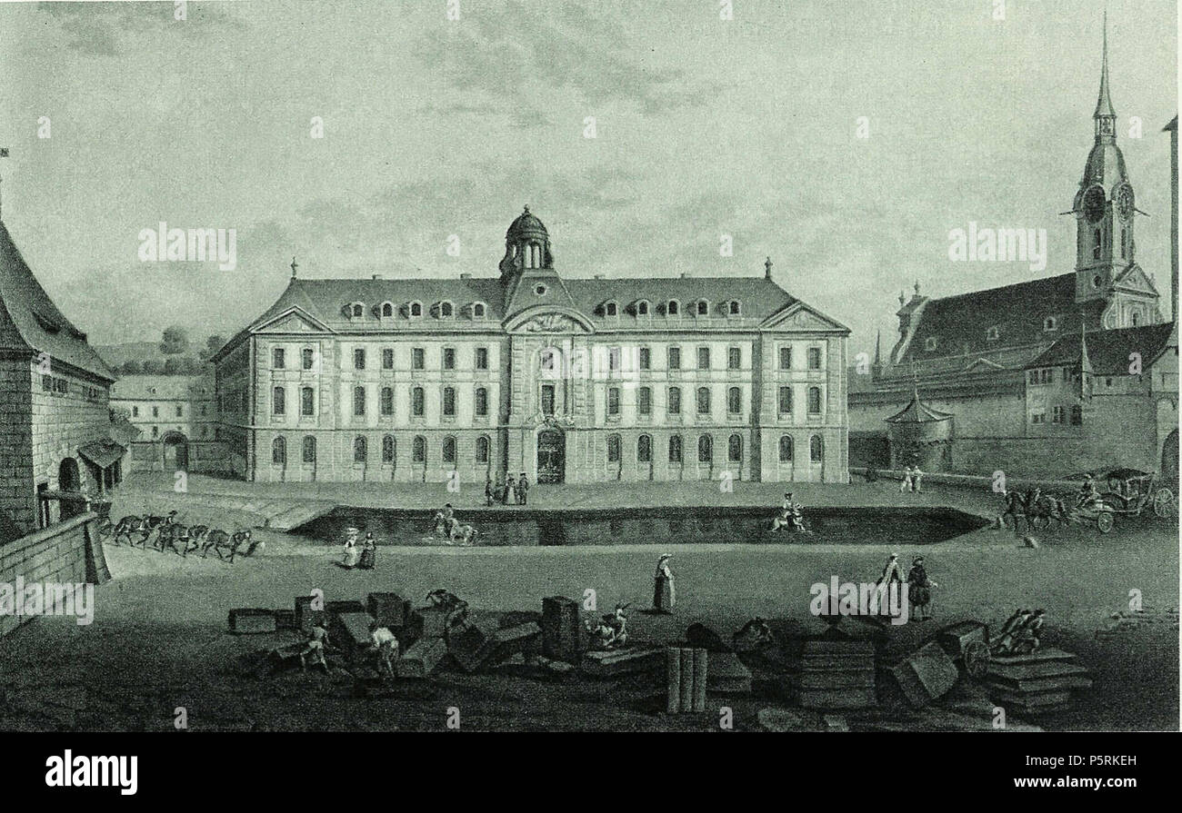 N/A.  Deutsch: Das Burgerspital in Bern und die Heiliggeistkirche nach 1742. Oelgemälde von Johann Grimm. Links das innere Murtentor, in der Mitte die Roß schwemme, welche die vom Land in die Stadt fahrenden Fuhrwerke durchqueren mussten . 1742. N/A 250 Burgerspital1742 Stock Photo
