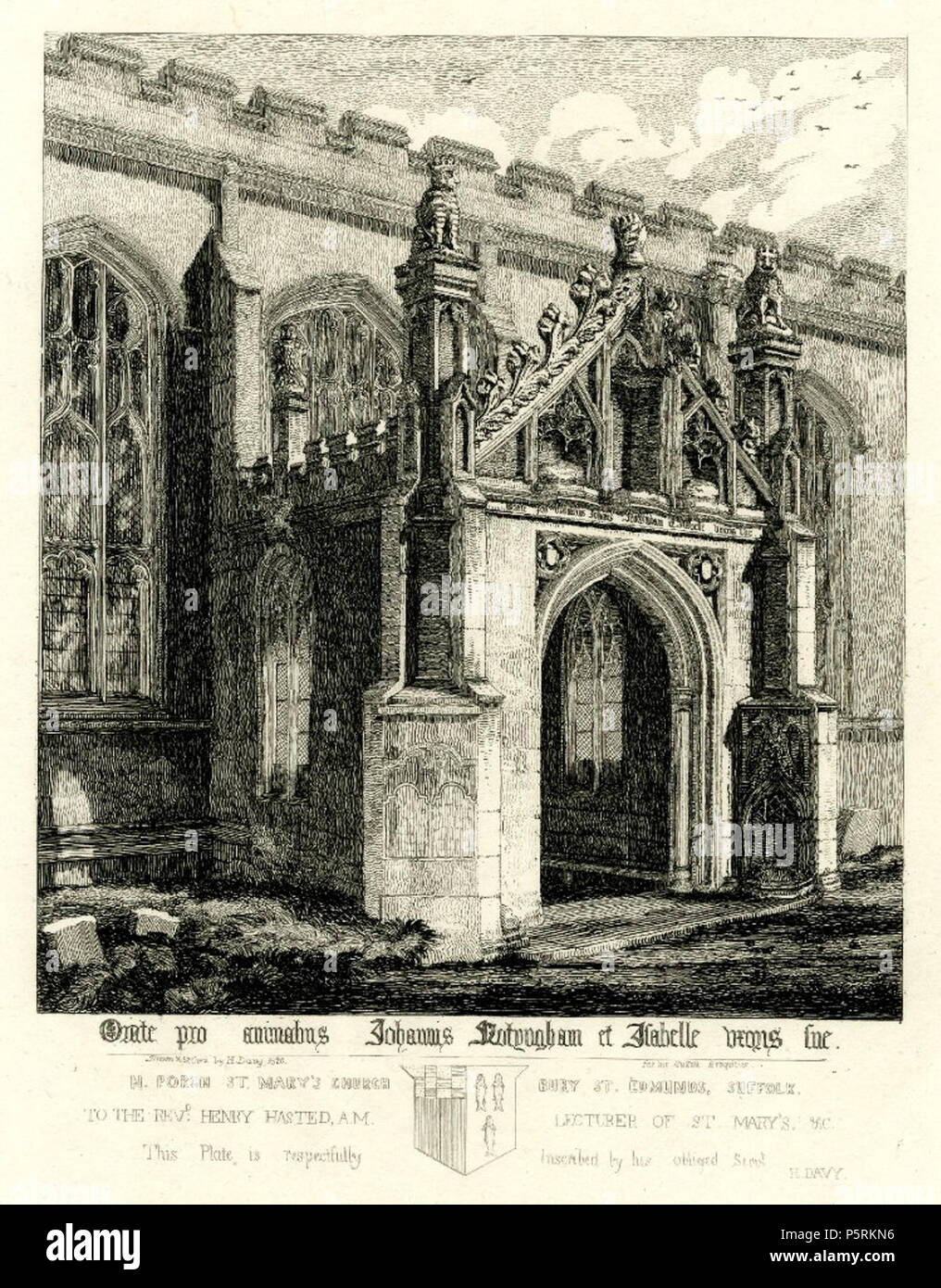 N/A. English: 'North Porch St Mary's Church Bury St Edmunds, Suffolk,' etching, by the British printmaker Henry Davy. 275 mm x 214 mm. Courtesy of the British Museum, London. 1827. Henry Davy 251 North Porch St Mary's Church Bury St Edmunds Suffolk by Henry Davy Stock Photo