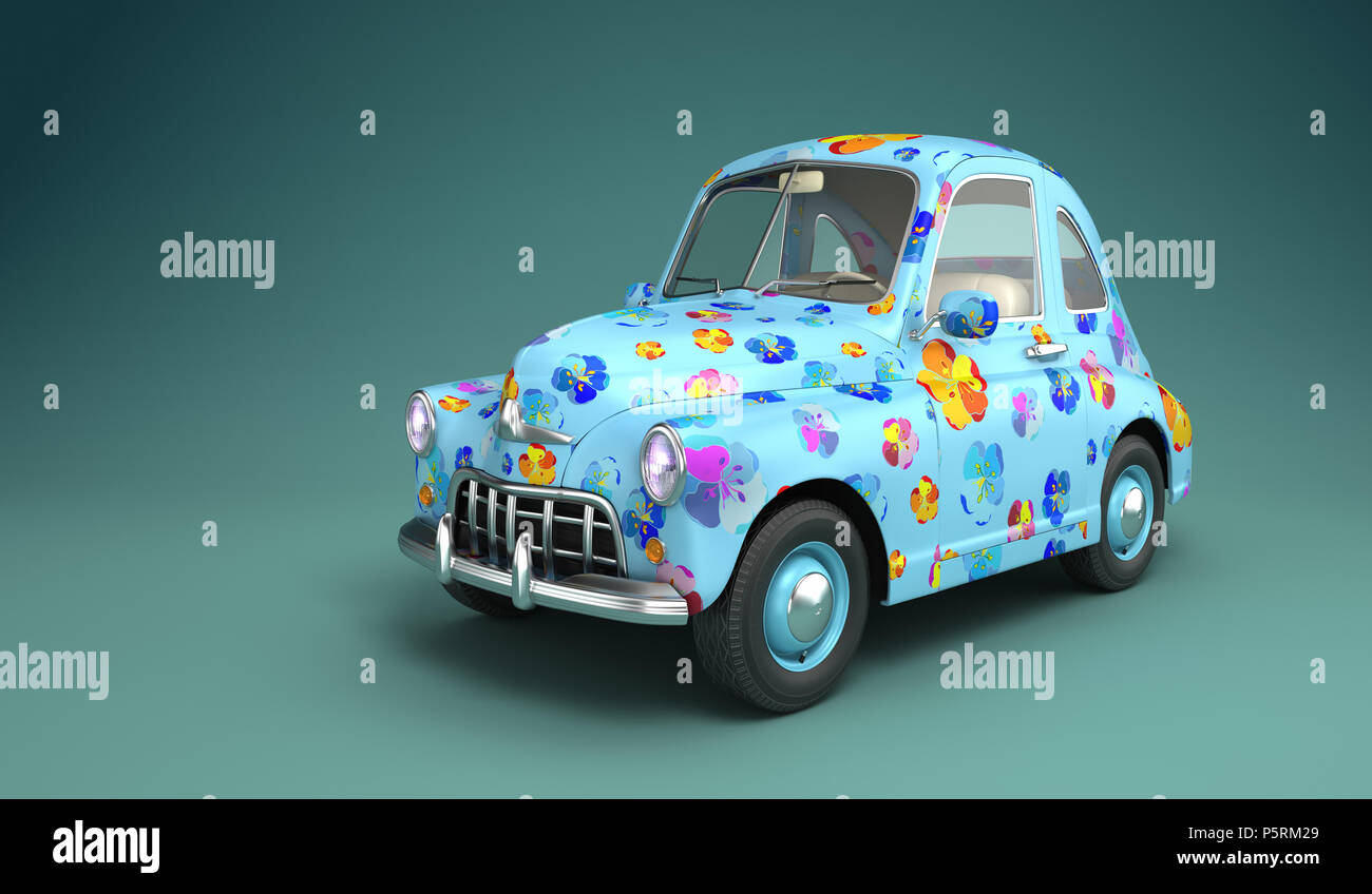 Cartoon car with flower print. 3D illustration Stock Photo