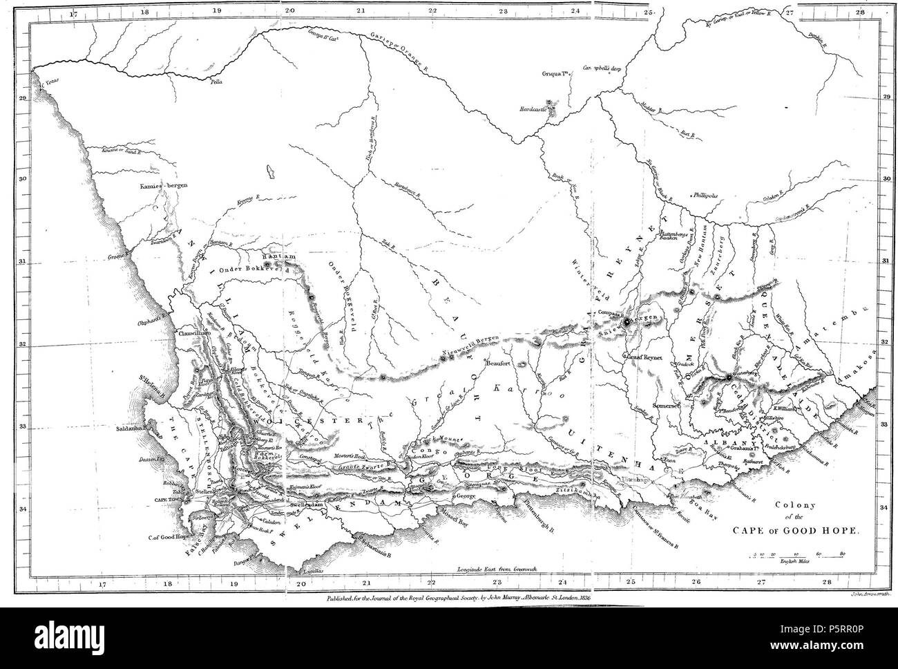 N/A. English: Map 'Colony of the Cape of Good Hope' as illustration to the article: C.C.Michell, 'On the Roads and Kloofs in the Cape Colony', In: The Journal of the Royal Geographical Society of London, vol.6, 1836, pp. 168-173 . 1836. John Arrowsmith (map); John Murray, Albermarle Str., London (printing press); The Journal of the Royal Geographical Society, vol.6, 1836 (publication) 268 Cape Colony 1836 Stock Photo