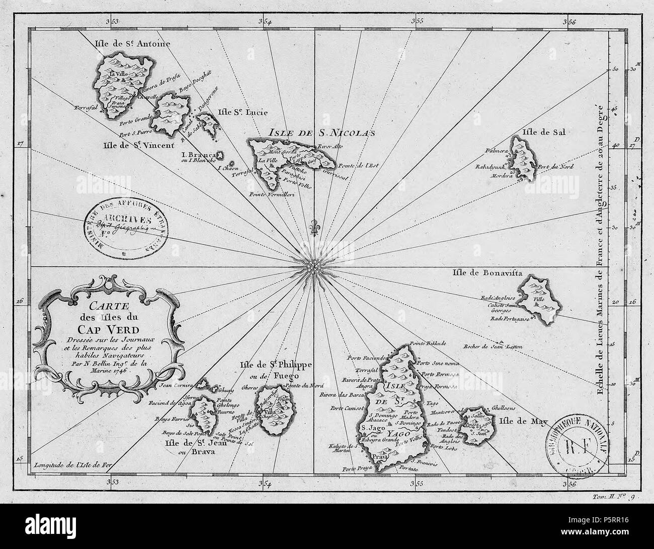 N/A. Deutsch: Karte der de:Kapverdische Inseln English: map of the islands of w:Cape Verde Français : Carte des isles du fr:Cap Verd . 1746. Jacques Nicolas Bellin (1703-1772) 268 Cape Verde 1746 map Stock Photo