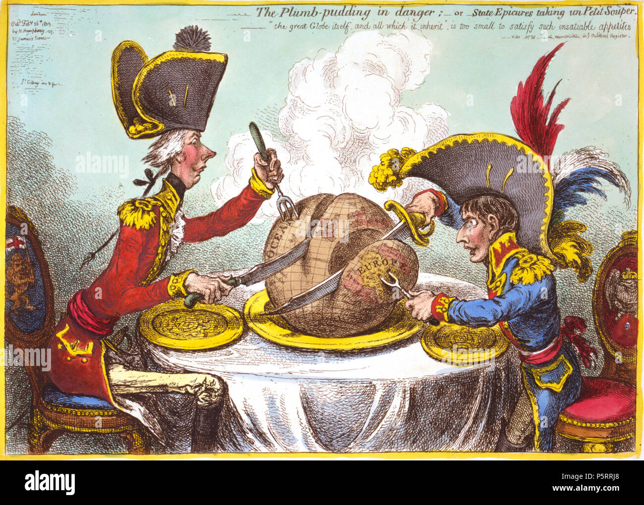 N/A. :          ... Js. Gillray, inv. & fecit.  :                   .             .         .  :    .  : : .  1805  () 26.                 (1851 OCLC 59510372) . 240 «      —     .              ()   1805». English: The Plumb-pudding in danger, or, State epicures taking un petit souper ... Js. Gillray, inv. & fecit. SUMMARY: William Pitt, wearing a regimental uniform and hat, sitting at a table with Napoleon. They are each carving a large plum pudding on which is a map of the world. Pitt's slice is considerably larger than Napoleon's. MEDIUM: 1 print : etching, hand-colored. CREATED/PUBLISHED: Stock Photo