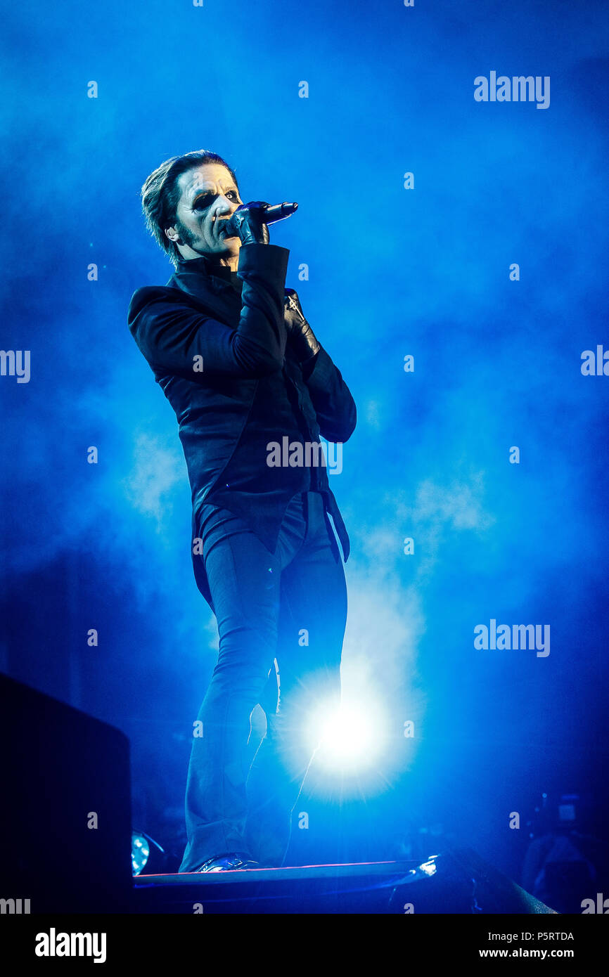 Denmark, Copenhagen - June 24, The Swedish doom metal band Ghost performs a live concert during the Danish metal Copenhell 2018 in Copenhagen. Here vocalist Tobias Forge a.k.a. Papa