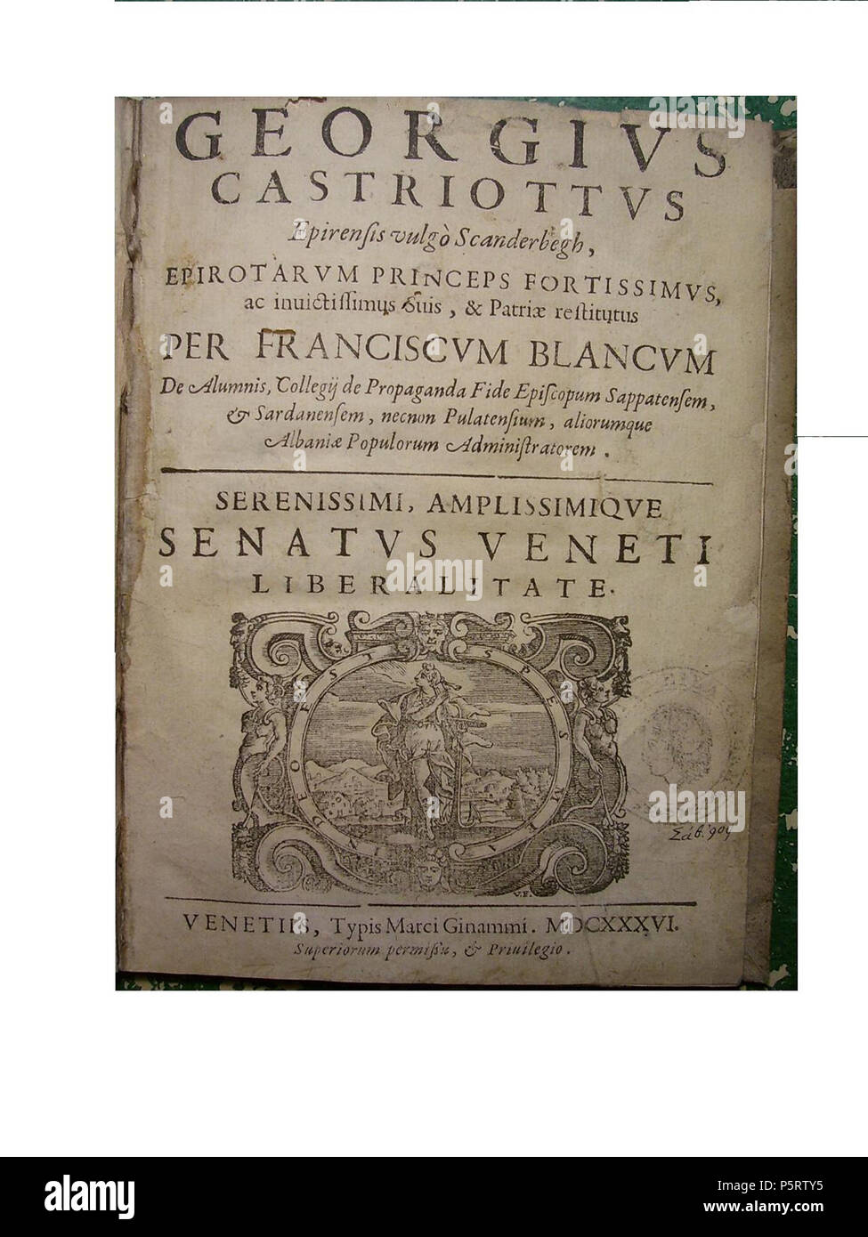N/A. English: Engraved front-page of Biography of Georgius Castriotus or Castriotis published in Venice in 1636. Book is by Franciscus Blancus, a Catholic bishop and author from Albania. 1636. Franciscus Blancus, 1606-1643 209 Blancus frontpage Stock Photo