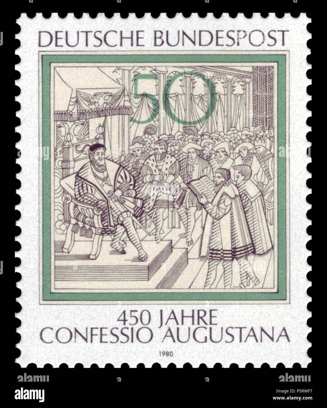 N/A. English: 450 years of the Augsburg Confession. Stamp showing etching from c. 1630 Deutsch: 450 Jahre Augsburger Bekenntnis  Graphics by Heinz Schillinger Ausgabepreis: 50 Pfennig First Day of Issue / Erstausgabetag: 8. Mai 1980 Michel-Katalog-Nr: 1051  . 18 August 2010. Deutsche Bundespost 417 DBP 1980 1051 Confessio Augustana Stock Photo