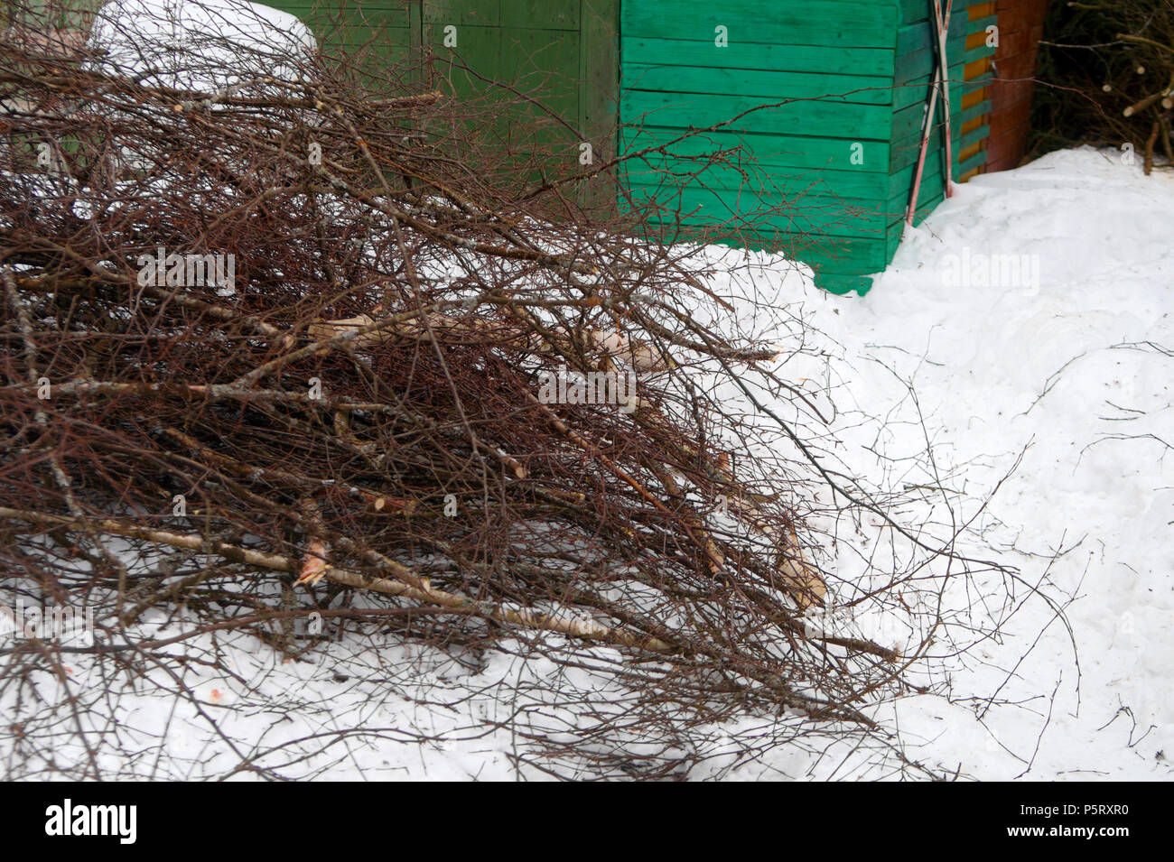 Fallen tree branches in front of a barn or wooden house Stock Photo Alamy