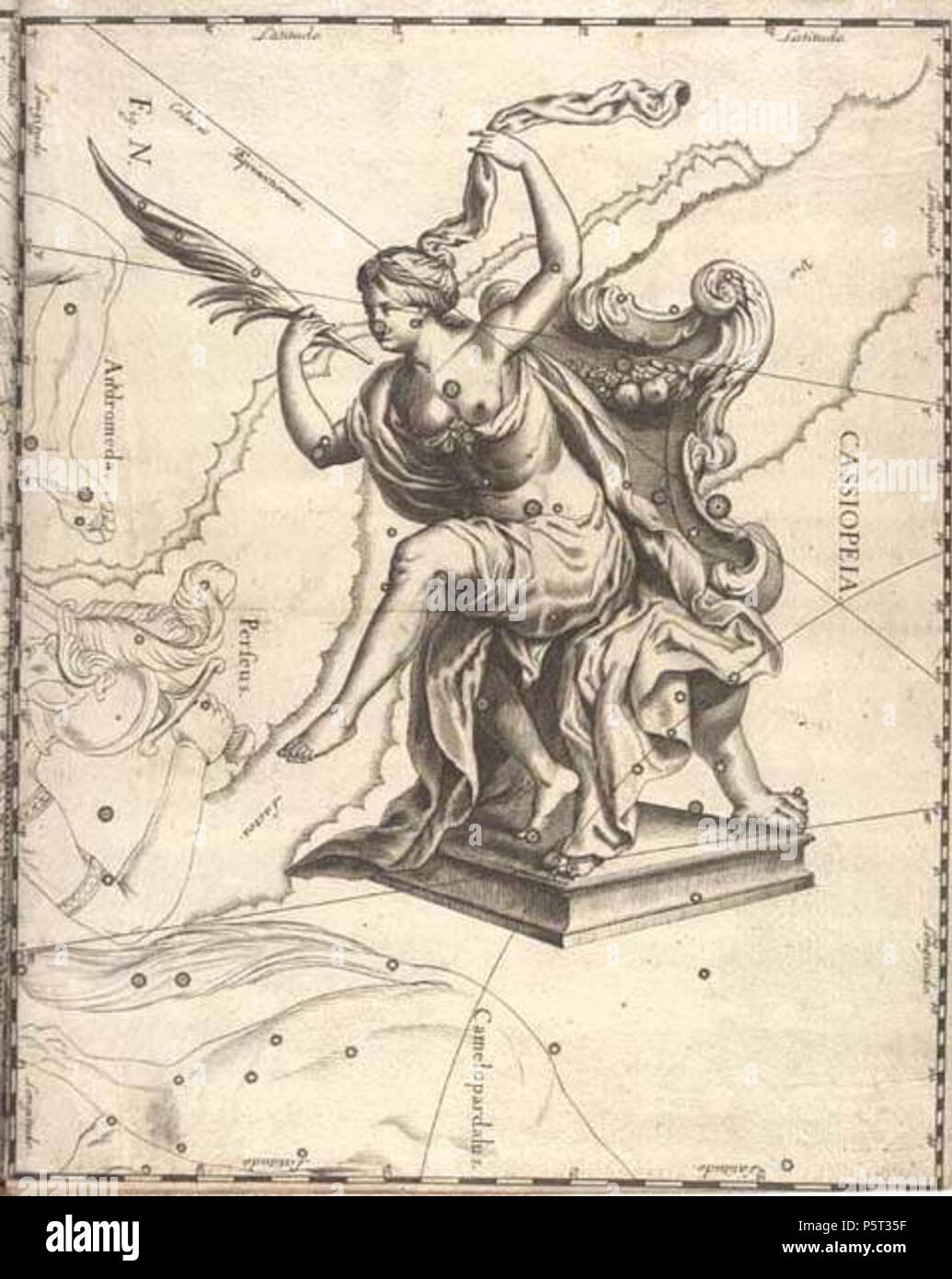 N/A. The en:Cassiopea constellation from Uranographia by Johannes Hevelius. The view is mirrored following the tradition of celestial globes, showing the celestial sphere in a view from 'ouside' . 1690. Johannes Hevelius - Scanned by: Torsten Bronger 2003 April 4 281 Cassiopea Hevelius Stock Photo