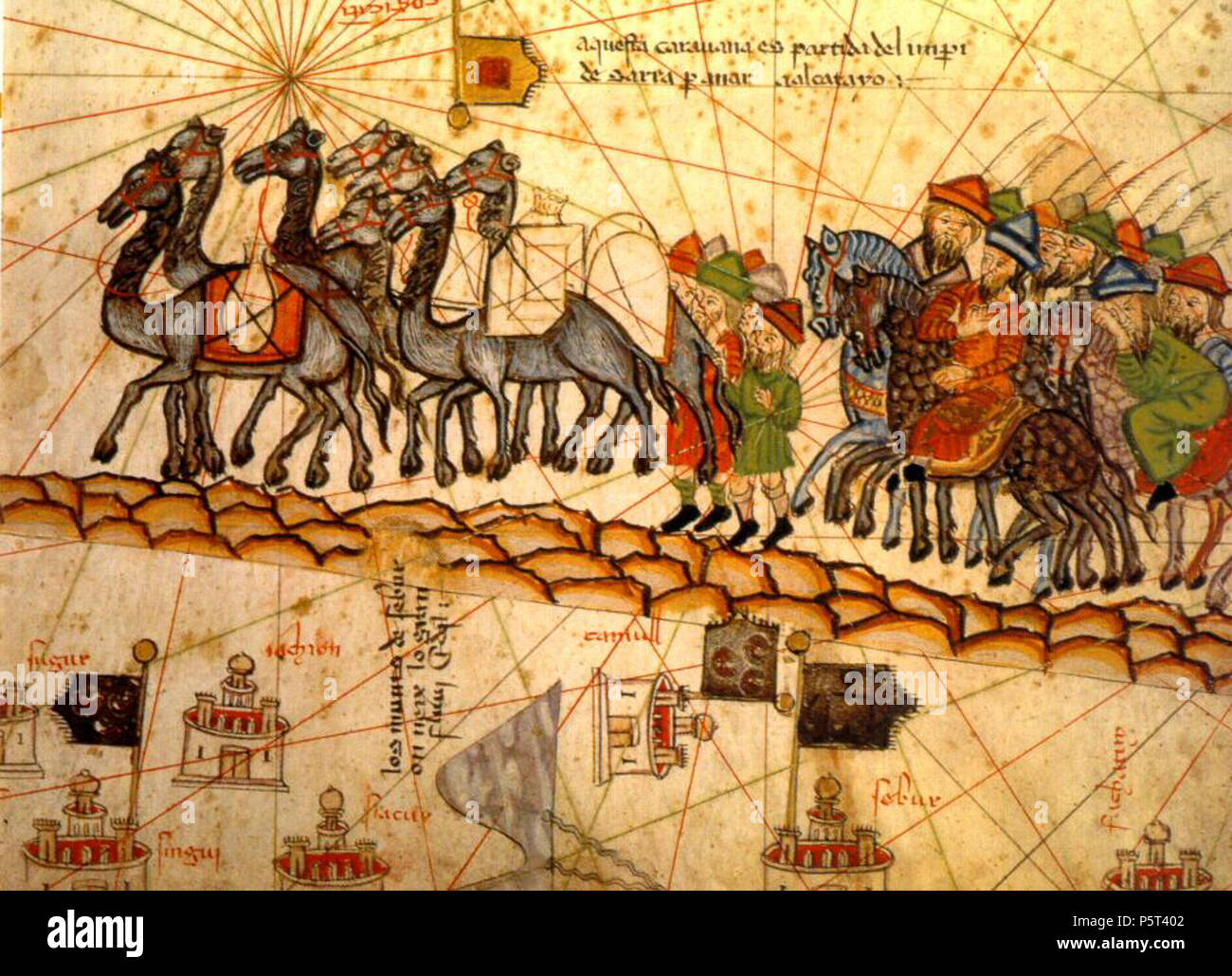 N/A. English: W:Catalan Atlas caravan drawing . 1375. w:Abraham Cresques 282 Catalan Atlas caravan drawing Stock Photo
