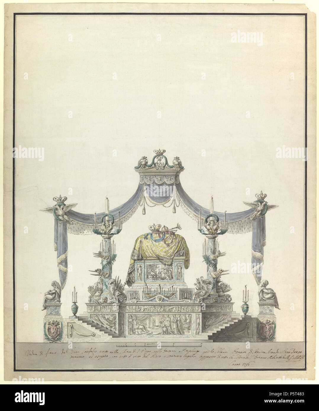 N/A.  Catafalque of the Empress Catherine the Great of Russia (Side Elevation). Vincenzo Brenna (Italian, Florence 1745–1820 St. Petersburg) Date: 1796 Medium: Pen and gray-black ink, brush and watecolor, over traces of graphite or leadpoint Dimensions: sheet: 28 1/4 x 23 3/8 in. (71.7 x 59.4 cm) Classifications: Drawings, Ornament & Architecture Credit Line: Gift of Mrs. Charles Wrightsman, 1993 Accession Number: 1993.1071.1 View of the side elevation of the catafalque designed by Brenna for the burial of Catherine the Great of Russia and her husband Tsar Peter III (died 1762) held in the Cat Stock Photo