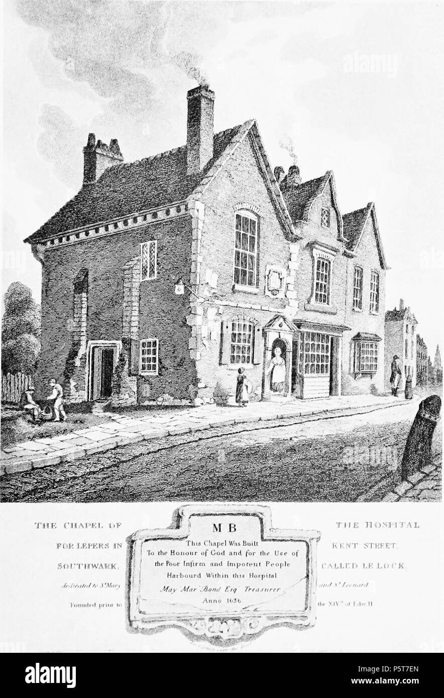 N/A. Chapel of the Hospital for Lepers in Kent Street, Southwark, called Le Lock. Illustration from Medieval London by Sir Walter Besant, published in 1906. More info here. 1813. C. John M. Whichelo 324 Chapel of the Hospital for Lepers in Kent Street, Southwark, called Le Lock, 1813 Stock Photo