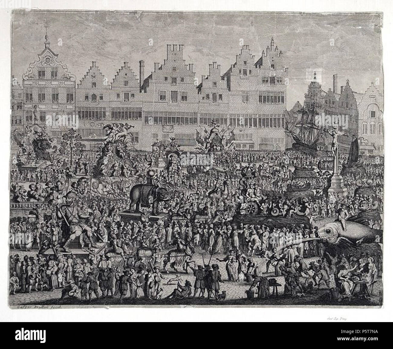 N/A. English: The Ommegang on the Meir, Antwerp. Print by Gaspar Bouttats, 1685, published by Hieronymus Verdussen III . 26 August 2011. Gaspar Bouttats 425 De Ommegang op de Meir - Gaspar Bouttats Stock Photo