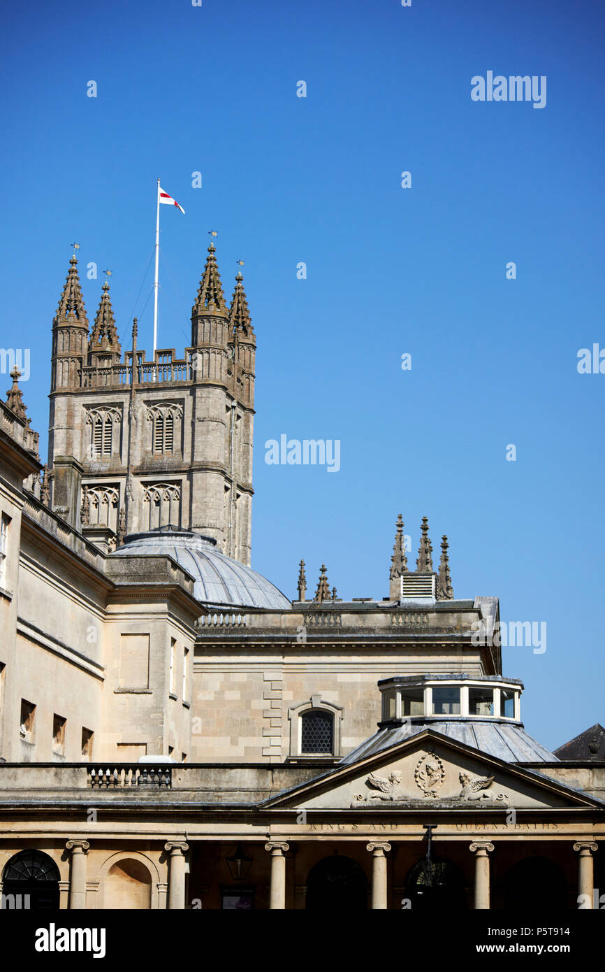 the roman baths complex in front of gothic bath abbey Bath England UK Stock Photo