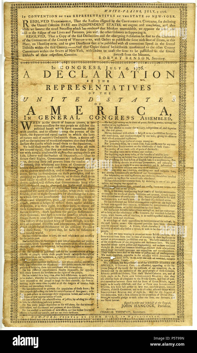 N/A. Broadside printed by newspaper publisher and printer John Holt in White Plains, New York, on July 9, 1776, is one of just four of the poster-like documents he made that still survives. The other Holt broadsides of the Declaration of Independence are at the Westchester County Archives in Elmsford, New York, the New York Public Library in New York City and the Huntington Library in San Marino, California. 9 July 1776. John Holt, publisher 431 Declaration of Independence - John Holt Broadside Stock Photo