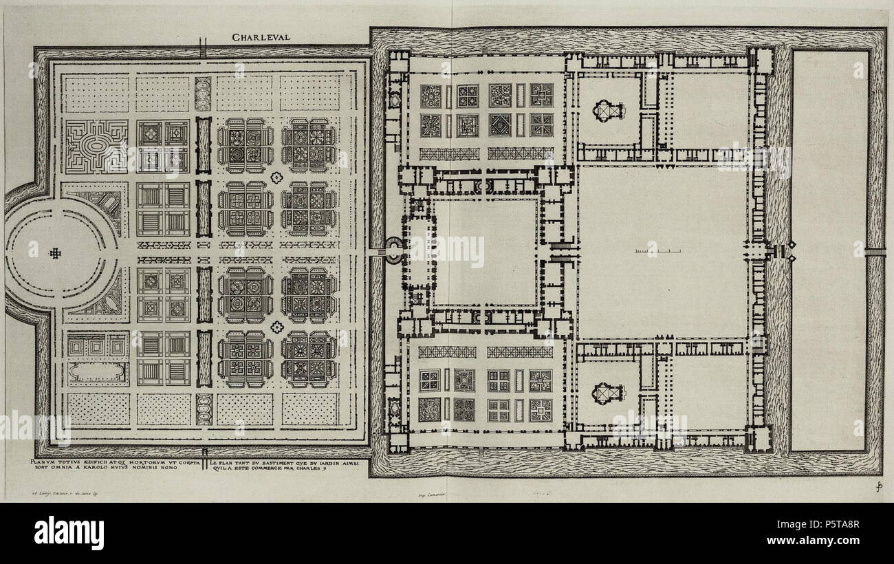 N/A. Deutsch: Grundriss des Schlosses Charleval, Stich aus dem 16. Jahrhundert English: Floorplan of the Château de Charleval, 16th century engraving . published 1579.   Jacques I Androuet du Cerceau  (1510–1585)     Alternative names Jacques Androuet; Jacques Androuet du Cerceau l'Ancien; Jacques Androuet Du Cerceau; Jacques Androuet DuCerceau; Jacques Androuet Ducerceau  Description French architect, copper engraver and draughtsman father of Baptiste Androuet du Cerceau father of Jacques II Androuet du Cerceau  Date of birth/death 1510 or 1512 January 1584  Location of birth/death Paris Anne Stock Photo