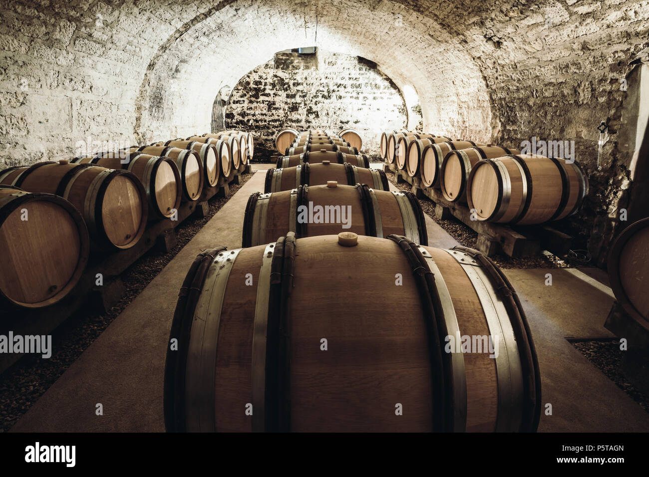 Barrels of wine in a wine cellar, an ancient wine cellar with vaulted
