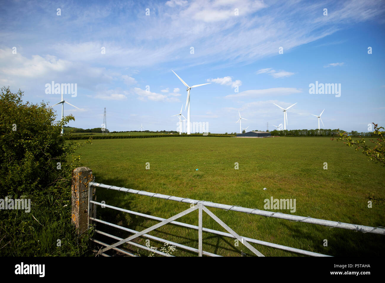 wind turbines on farmland in the lake district near whitehaven Cumbria England UK Stock Photo