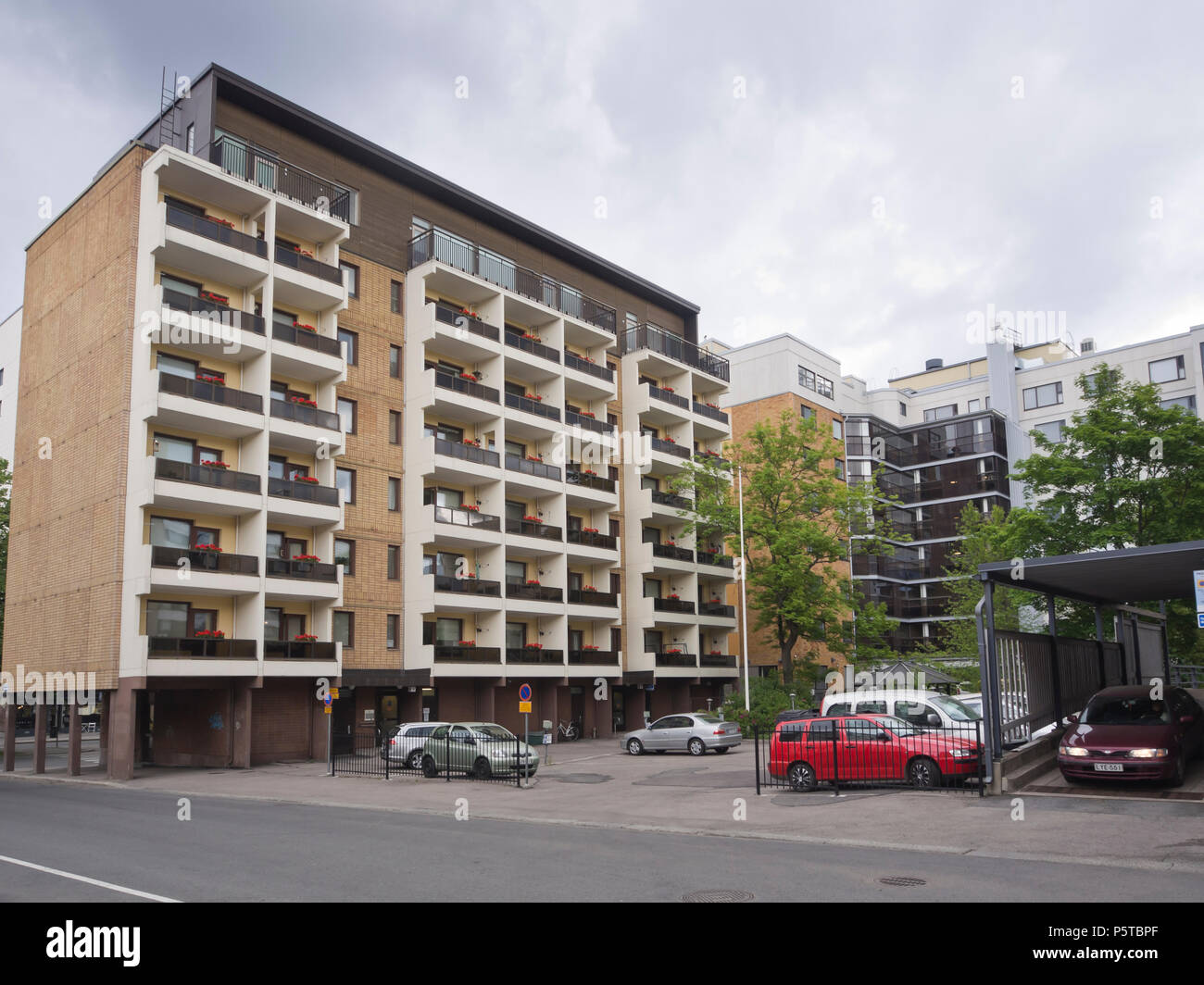 Apartment block with balconies and private parking i9n the centre of Tampere Finland Stock Photo