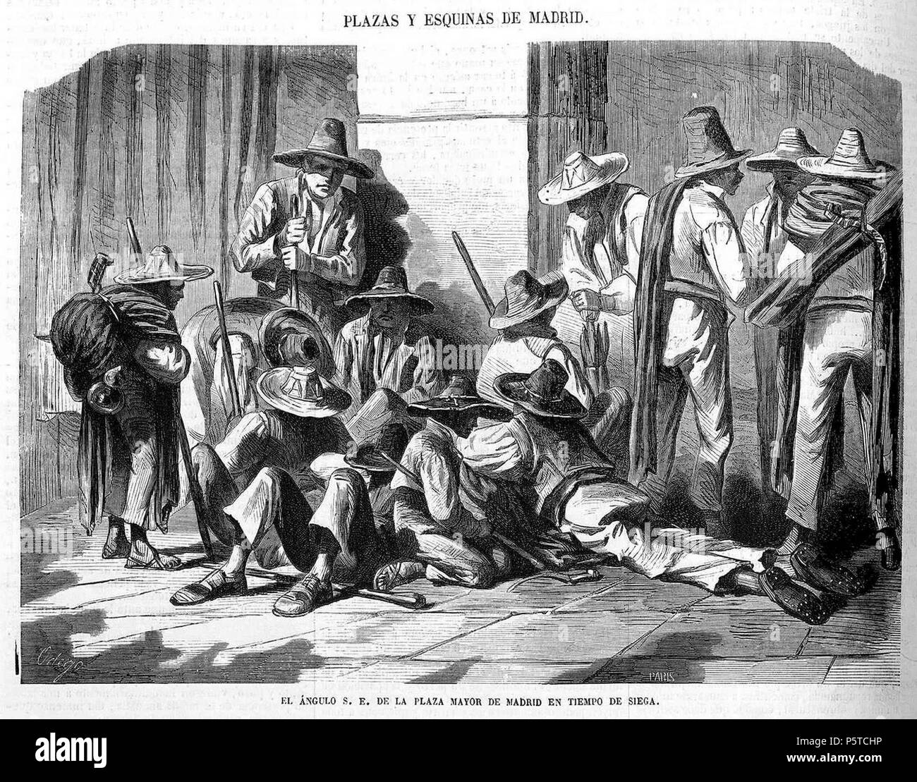 1862-07-06, El Museo Universal, Plazas y esquinas de Madrid, El ángulo sureste de la Plaza Mayor de Madrid en tiempo de siega, Ortego. Stock Photo