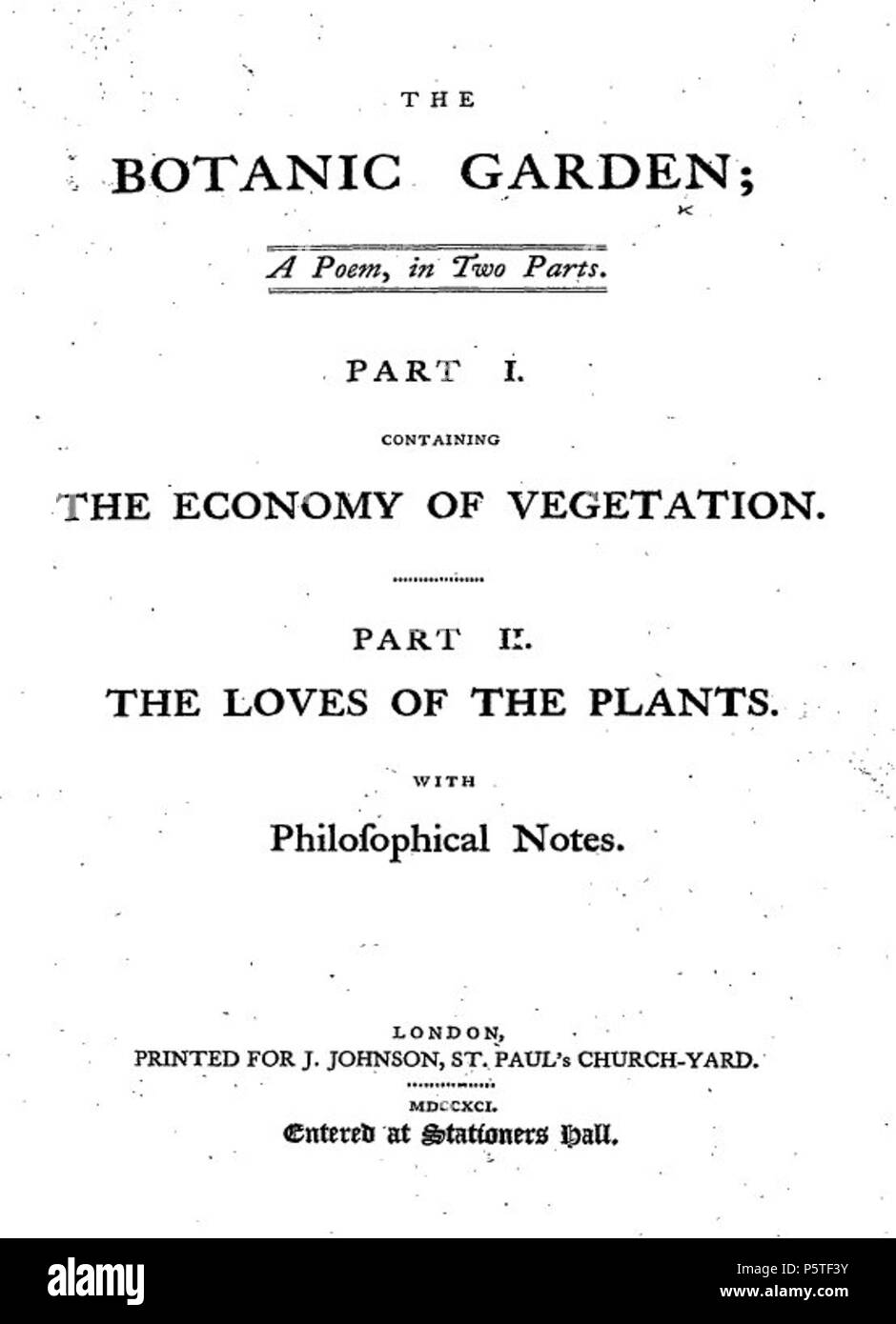 N/A. Title page to Erasmus Darwin's The Botanic Garden . 1791. Erasmus Darwin 414 DarwinBotanicGardenTitle Stock Photo