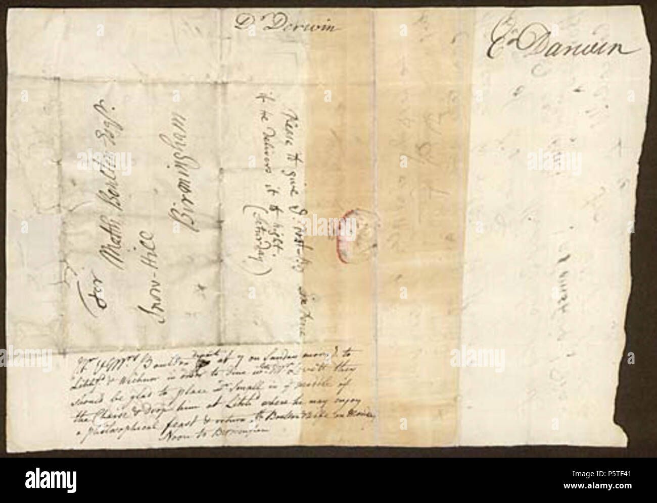 N/A. English: Letter of 1766 from physician and member of the Lunar Society Erasmus Darwin to inventor and manufacturer Matthew Boulton in Birmingham regarding Boulton's visit to John Levett of Wychnor Park, Staffordshire. [Darwin's postscript] 'Please give the Post-Boy six Pence if He delivers it to night (Saturday)' [Boulton's note] 'Mr and Mrs Boulton depart at 7 on Sunday morning to Litchfd. and Wichnor in order to dine with Mr Levett they should be glad to place Dr Small in the middle of the Chaise and drop him at Litchd. where he may enjoy a philosophical feast and return with Boulton an Stock Photo