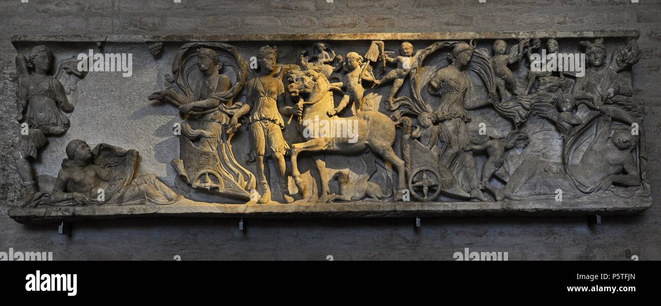 Front side of Roman sarcophagus. About 180 AD. The moon goddes Selene and her lover Endymion. Selene visiting her sleeping lover. Glyptothek. Munich. Germany. Stock Photo