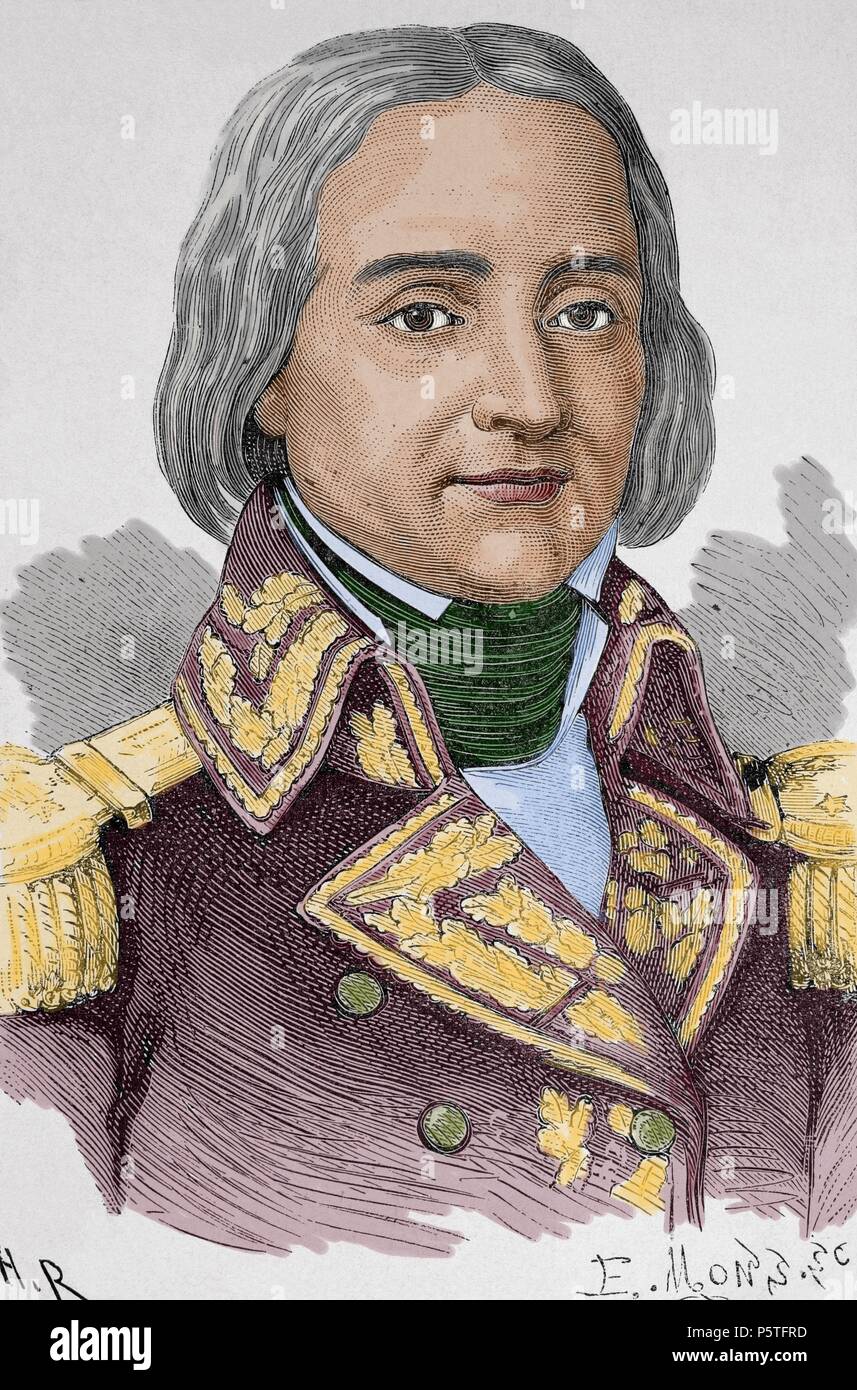 FranÃ§ois-Paul Brueys d'Aigalliers, count of Brueys (1753-1798). French commander. Colored engraving of The Universal History, 1885. Stock Photo