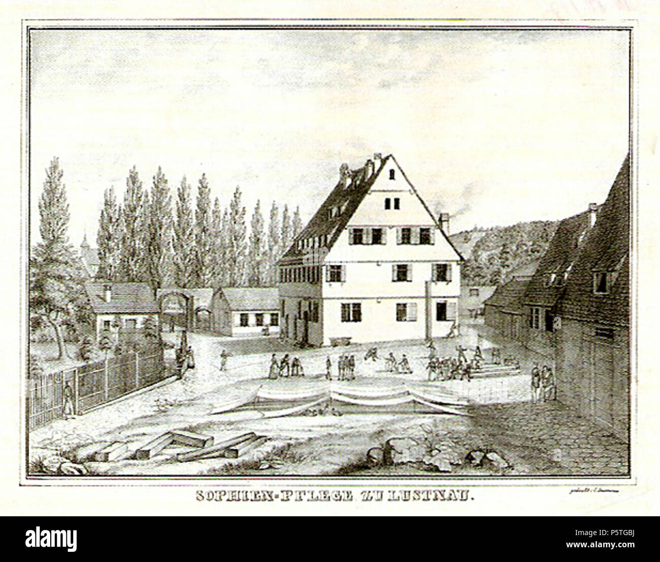N/A. Deutsch: Sophien-Pflege zu Lustnau (Kreidelithographie) . 1824 (drawing). drawing:   Carl Friedrich Baumann  (1798–1878)    Alternative names Carl Friedrich Baumann  Description German graphic artist, lithographer and photographer  Date of birth/death 13 January 1798 14 March 1878  Location of birth/death Tübingen Tübingen  Work period 1830-1870  Work location Tübingen  Authority control  : Q1036960 VIAF:38086534 GND:132714884    lithography:   Jacob Kull  (1818–1880)    Description German draughtsman, lithographer, painter and photographer  Date of birth/death 1818 1880  Location of birt Stock Photo