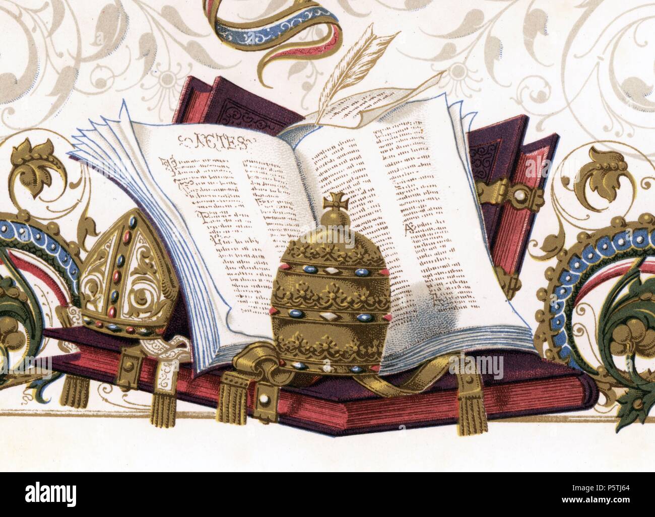 Hechos e historia del concilio ecuménico de Roma, primero del Vaticano  (1869-1870), por Victor Frond (1821-1881). Elementos y símbolos papales.  Grabado de 1871 Stock Photo - Alamy, image size:1300x1026