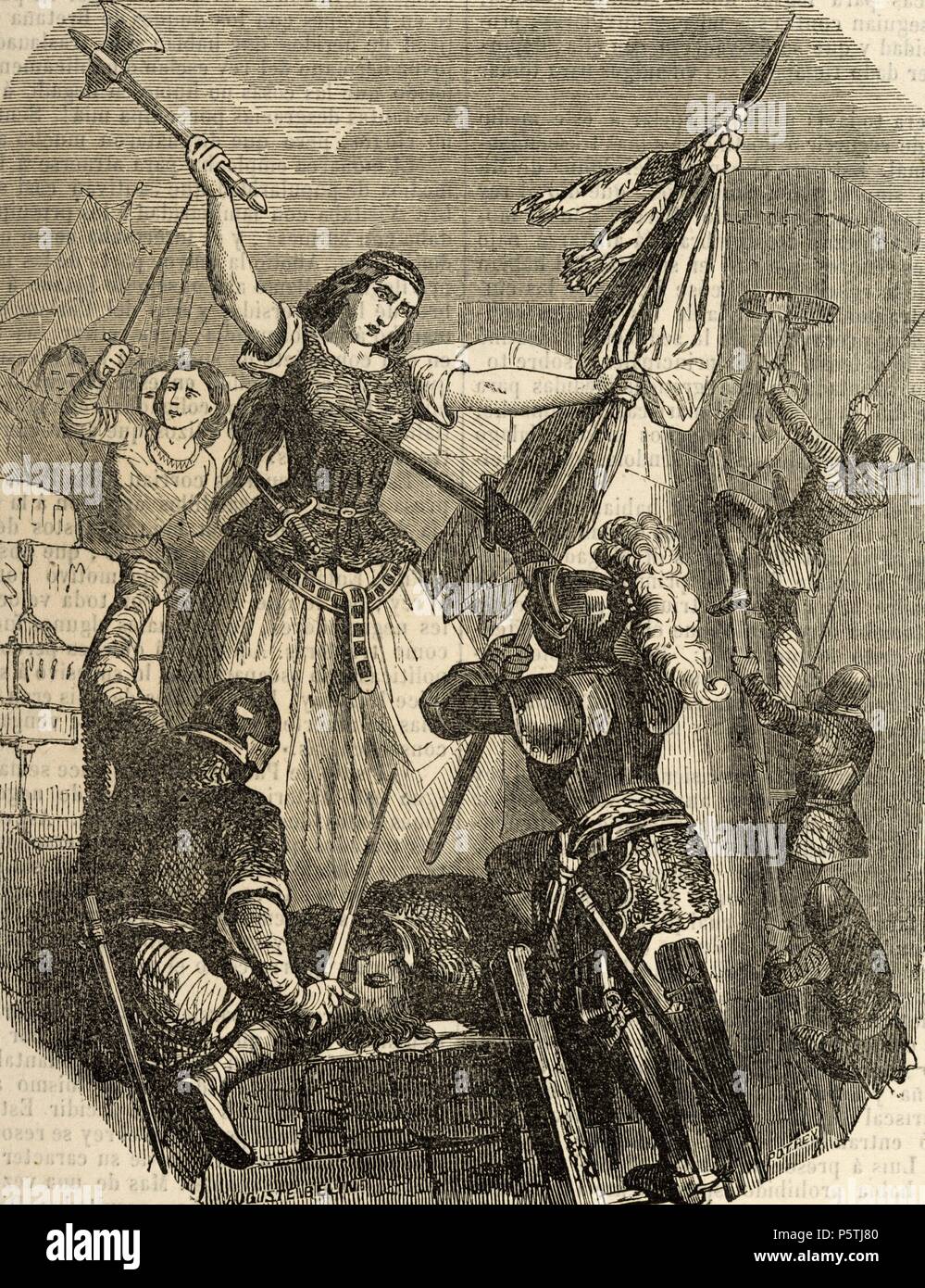 Jeanne Hachette (b.1456). French heroine. Jeanne Hachette during the Beauvais site, June 27, 1472. Engraving by Pothey. Popular Universal Library Editions, 1851. Stock Photo