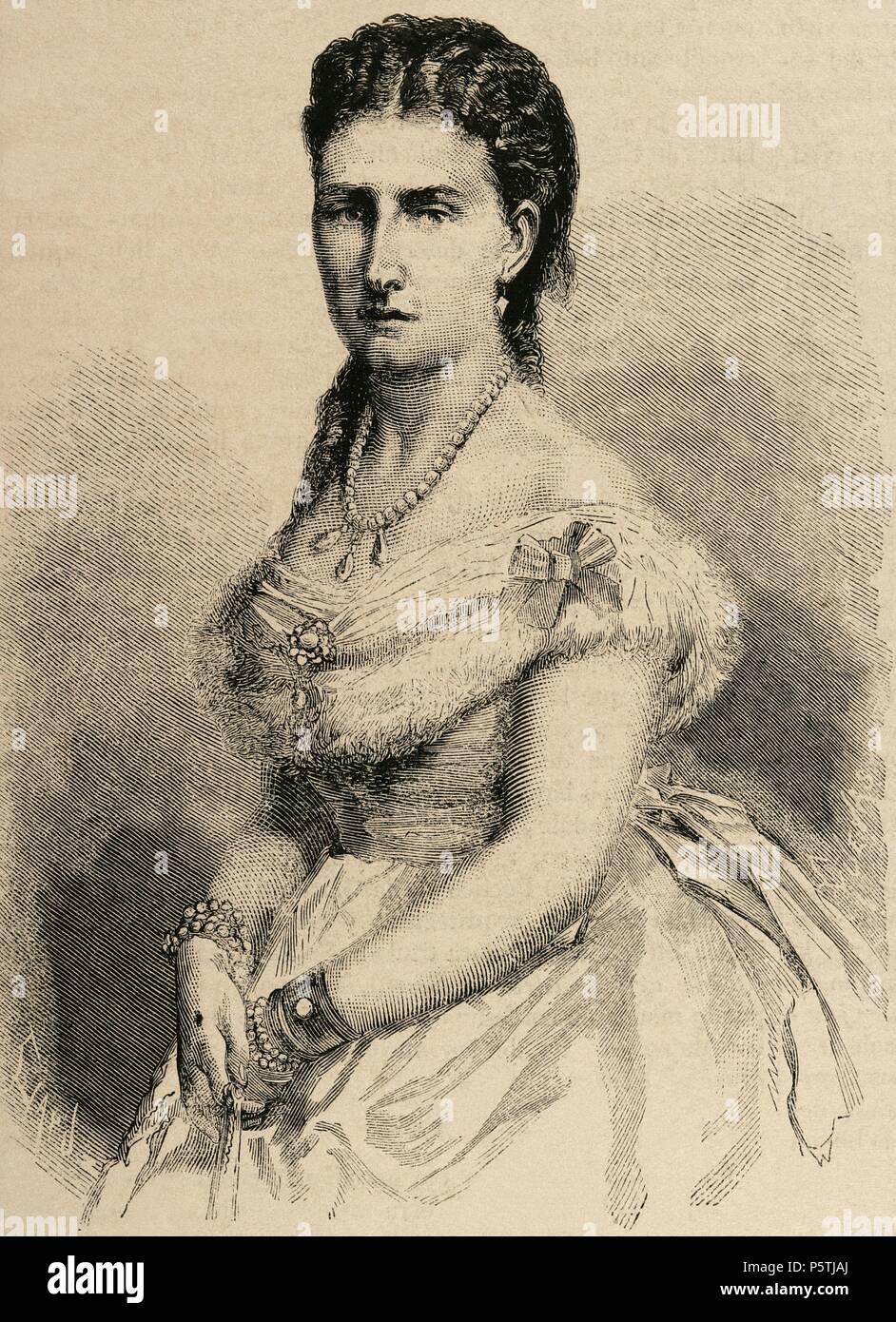 Infanta Antonia of Portugal or Braganza. (1845-1913). Was a Portuguese infanta (princess) of the House of Braganza-Saxe-Coburg and Gotha, daughter of Queen Maria II of Portugal and her King consort Ferdinand II of Portugal. She married Leopold, Prince of Hohenzollern-Sigmaringen. Engraving by Tomas Carlos Capus. The Spanish and American illustration, 1870. Stock Photo
