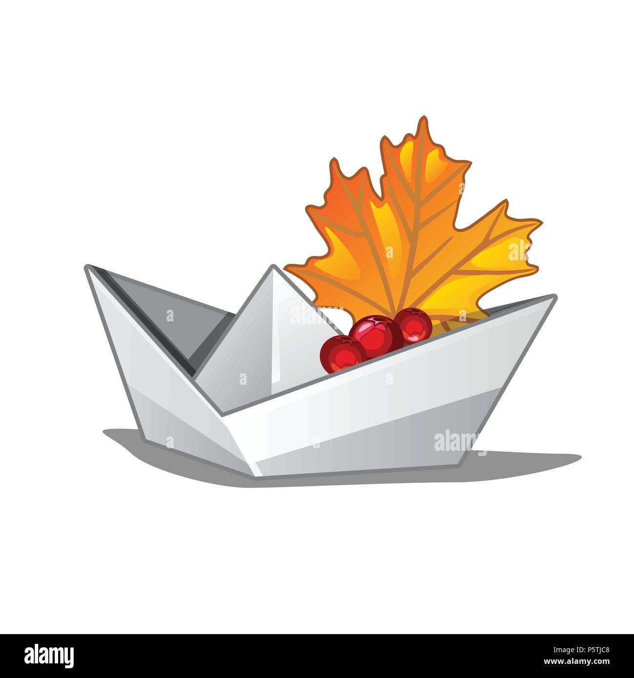 Paper boat with a fallen maple leaf. Symbols of autumn isolated on white background. Vector cartoon close-up illustration. Stock Vector