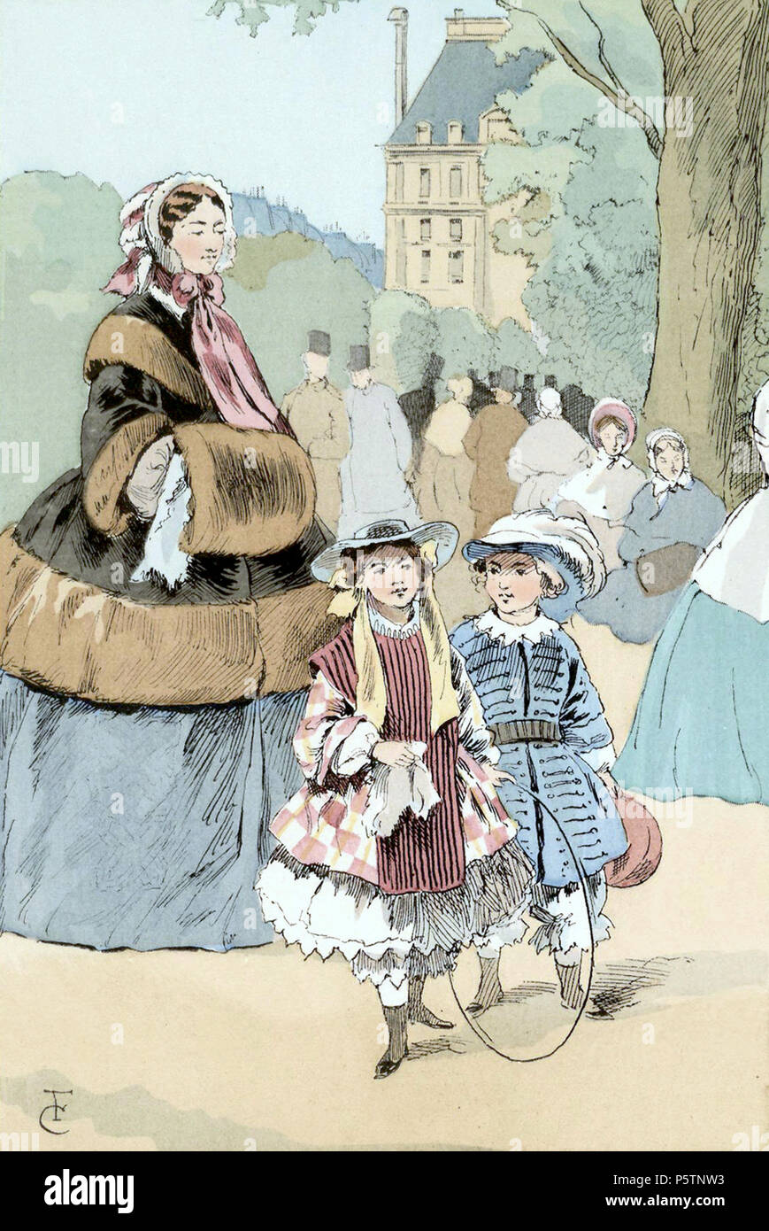 Children in the Tuileries Gardens, 1859 . The woman in this plate wears a dress with a wide crinoline and a 'manteau impératrice' or Algerian burnous in fur. Her hair is fashioned in plaits close to her head and is revealed by her bonnet. The girl on the left wears a shortened version of a crinoline skirt with white pantalettes that emerge from her skirt, similar to women's attire of the era. Her hat has a wide brim and is adorned with a ribbon. The boy wears ballooning pants, a 'Russian' blouse with a soft, wide collar underneath a fairly structured 'skeleton' jacket. Abstract sources: Bouche Stock Photo