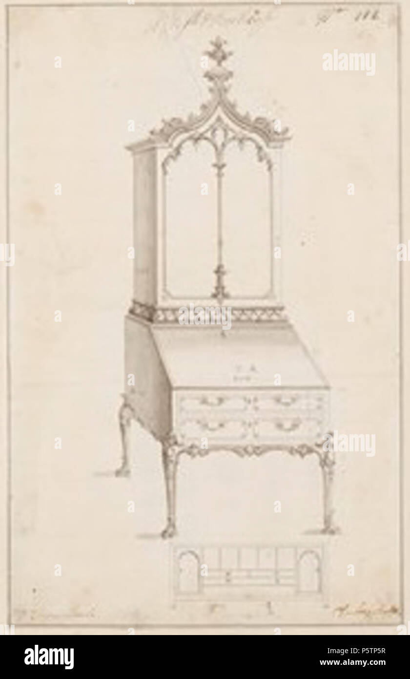 N/A. English: A design for a rococo desk and bookcase which appeared as plate no.111 in The Gentleman and Cabinet-Maker's Director (1762 ed.), Thomas Chippendale chippendale, born 1718 - died 1779 For use on The Chippendale Society . 1762. Thomas Chippendale (Life time: 1718 - 1799) 339 Chippendale Rococo Desk and bookcase design Stock Photo