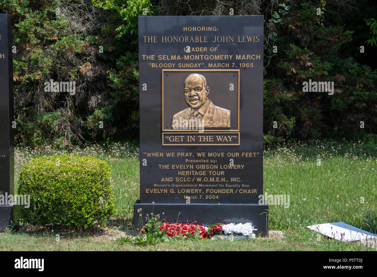 Monument to John Lewis at the Edmund Pettus Bridge, Selma, Alabama, USA Stock Photo