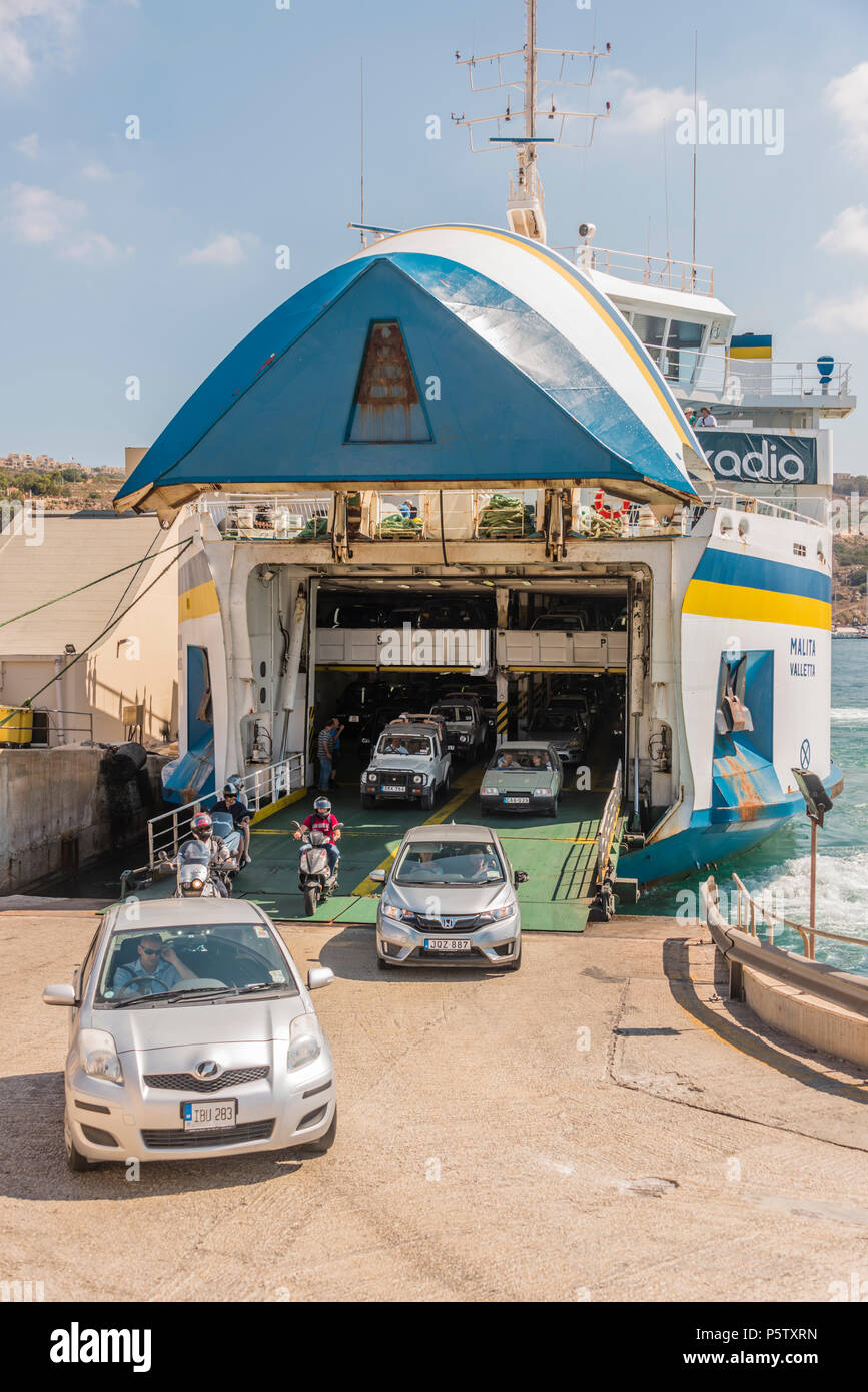 Gozo Channel Line ferry arrives into Mgarr harbour, Mgarr, Gozo, Malta Stock Photo