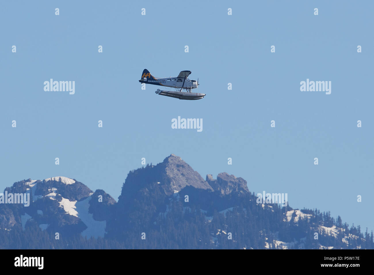 Vintage Harbour Air Seaplanes de Havilland Canada DHC-2 Beaver Floatplane Flying Over The Canadian Wilderness In British Columbia, Canada. Stock Photo