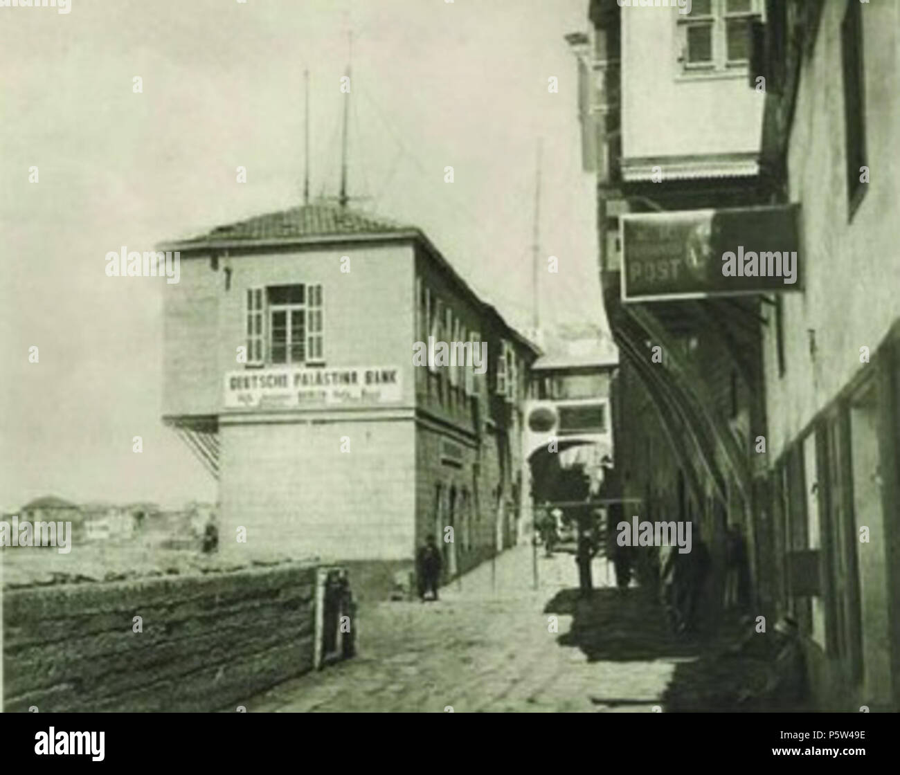 N/A. English: Branch of the Deutsche Palastina Bank in Jaffa (Haifa) before WWI. On the right, the sign of the Austrian post office (K. K. Österreichische Post) is visible. Austria had been the first, among a handful of Western countries, to open and operate post offices throughout the Ottoman Empire. From a book of 26 sepia photographs published by the Deutsche Palastina Bank before WW1. 16 August 2014, 13:54:33. DEUTSCHE PALASTINA-BANK, pre-WW1 444 Deutsche Palastina-Bank Jaffa Stock Photo