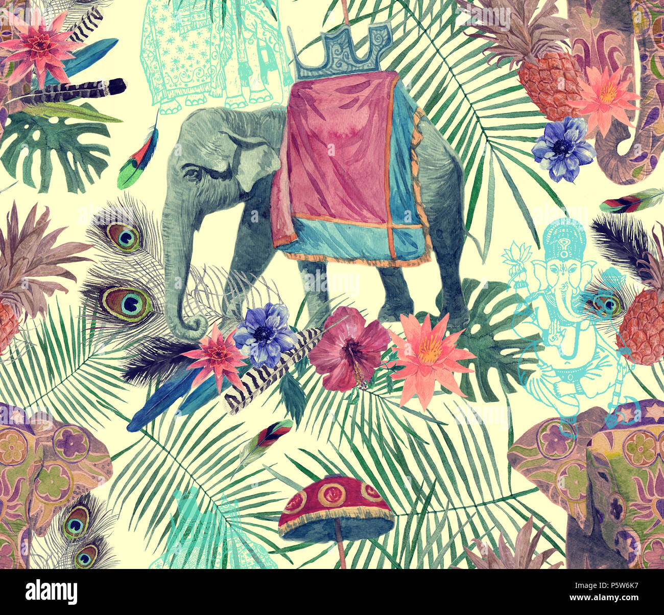 Seamless exotic watercolor pattern with elephants, flowers, leaves, feathers, ganesha. Stock Photo