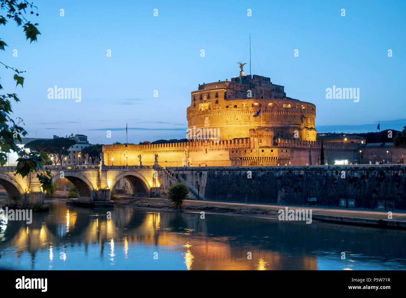 Mausoleum of Hadrian or Castel Sant'Angelo and the St. Angelo bridge built by the Emperor Hadrian in Rome Stock Photo