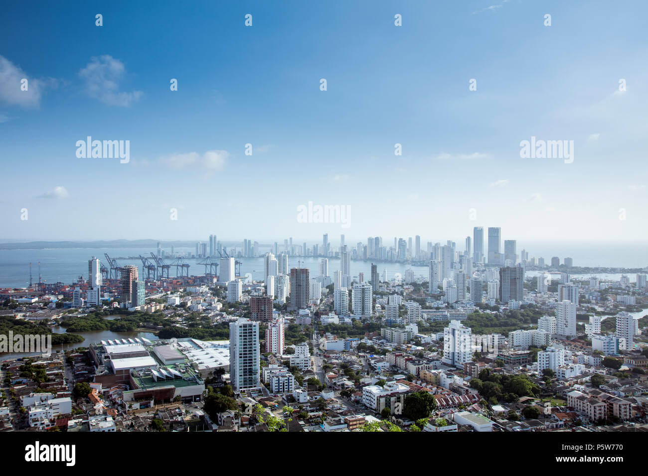 The skyline of the upmarket Bocagrande neighbourhood in central Cartagena on the Caribbean coast of Colombia, South America Stock Photo