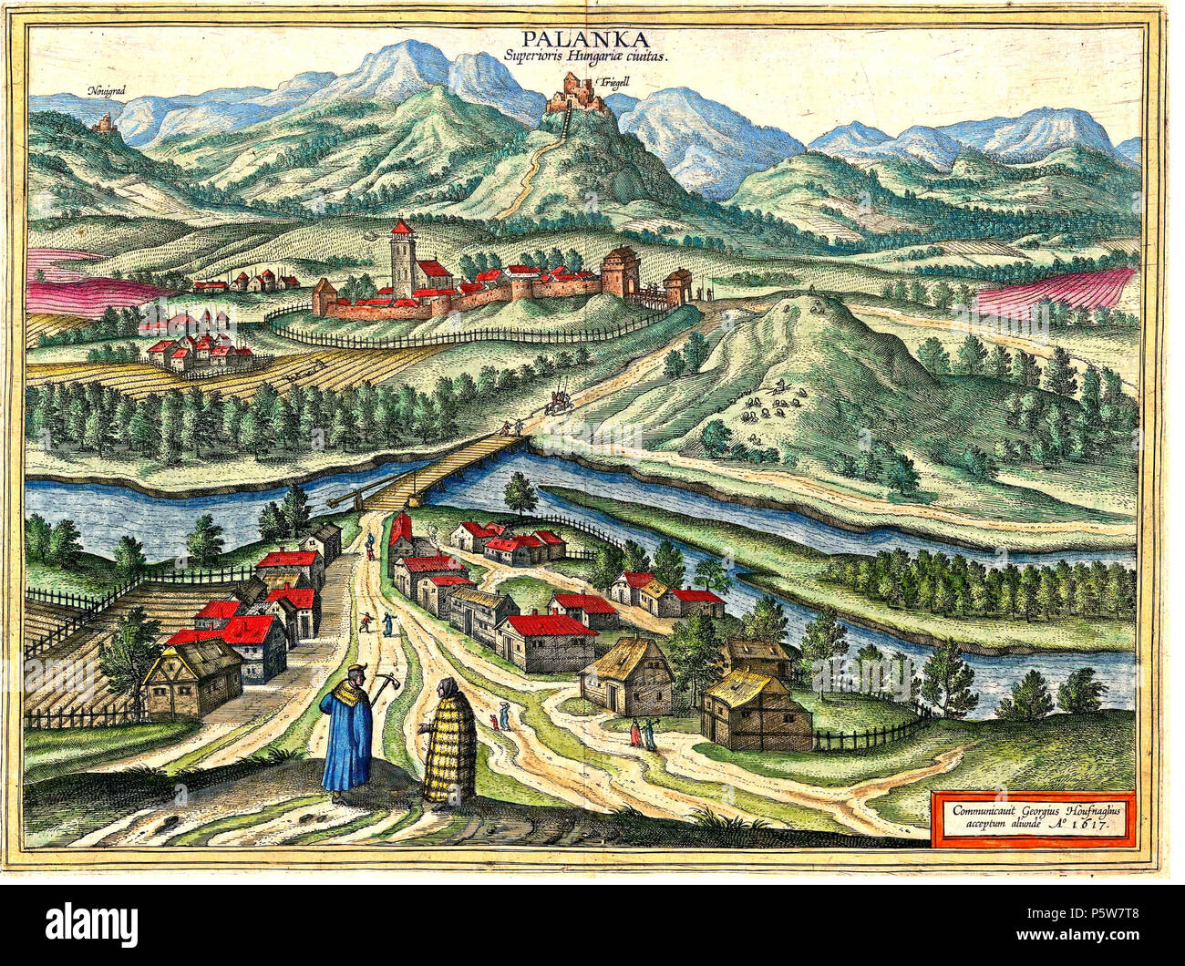 N/A. English: Drégely in 1617 Magyar: Drégelypalánk 1617-ben Georg Houfnagel 1617. évi rézmetszetén Hídvég fell. A metszeten Palánk település látható, a palánkkal körülkerített ersségével, illetve, a kép legfels részében, Drégely vára (Triegell névvel jelölve). E ketts erdítésbl alakult ki a történelem során a mai Drégelypalánk település neve. 1617. Joris Hoefnagel 471 Dregely 1617-ben Stock Photo